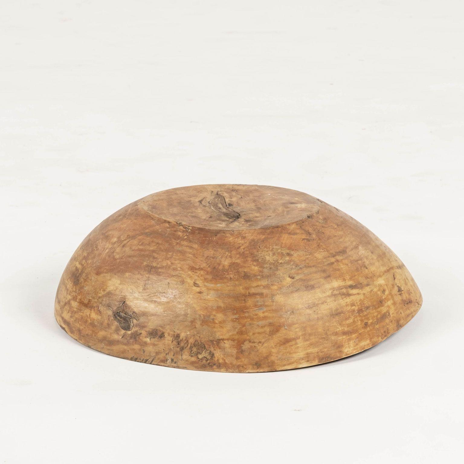 Ocher Color Rustic Swedish Wooden Dug Out Bowl In Fair Condition For Sale In Houston, TX