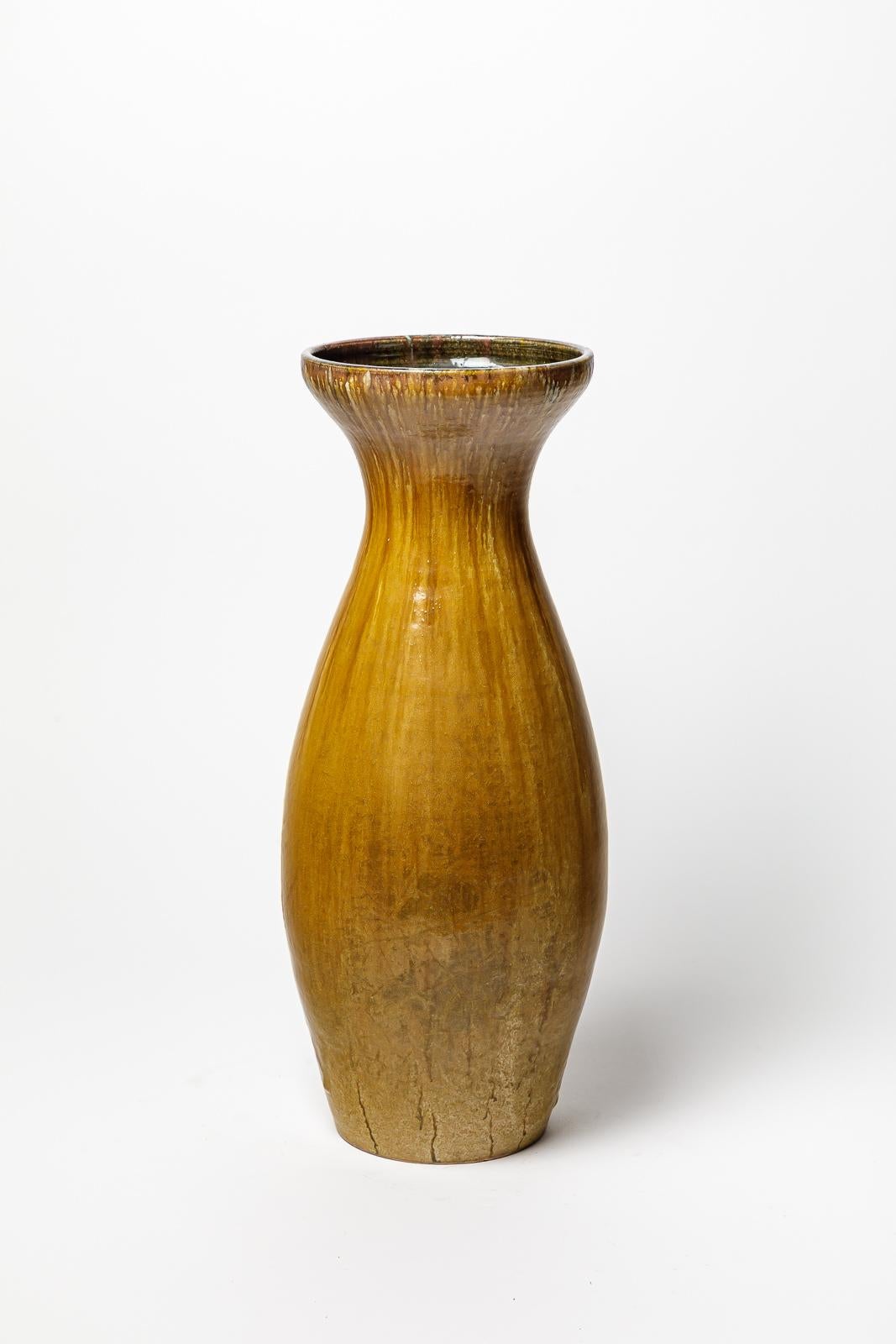 Beaux Arts Ocher glazed stoneware vase by Accolay, circa 1960-1970. For Sale