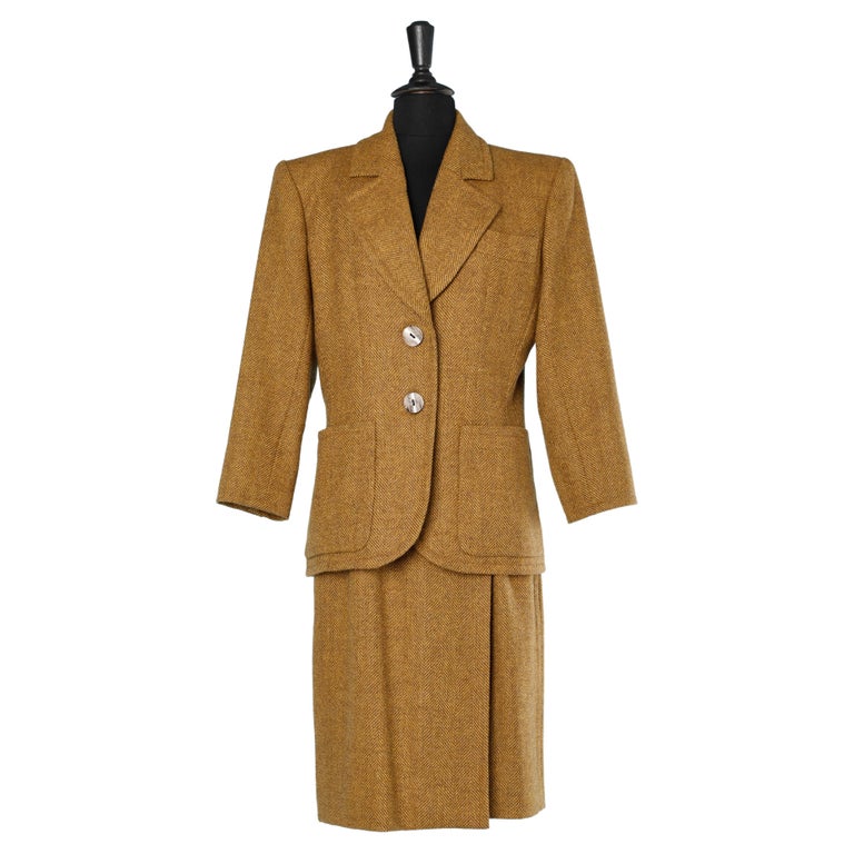 Ocher wool chevron skirt suit Yves Saint Laurent Rive Gauche For Sale at 1stDibs