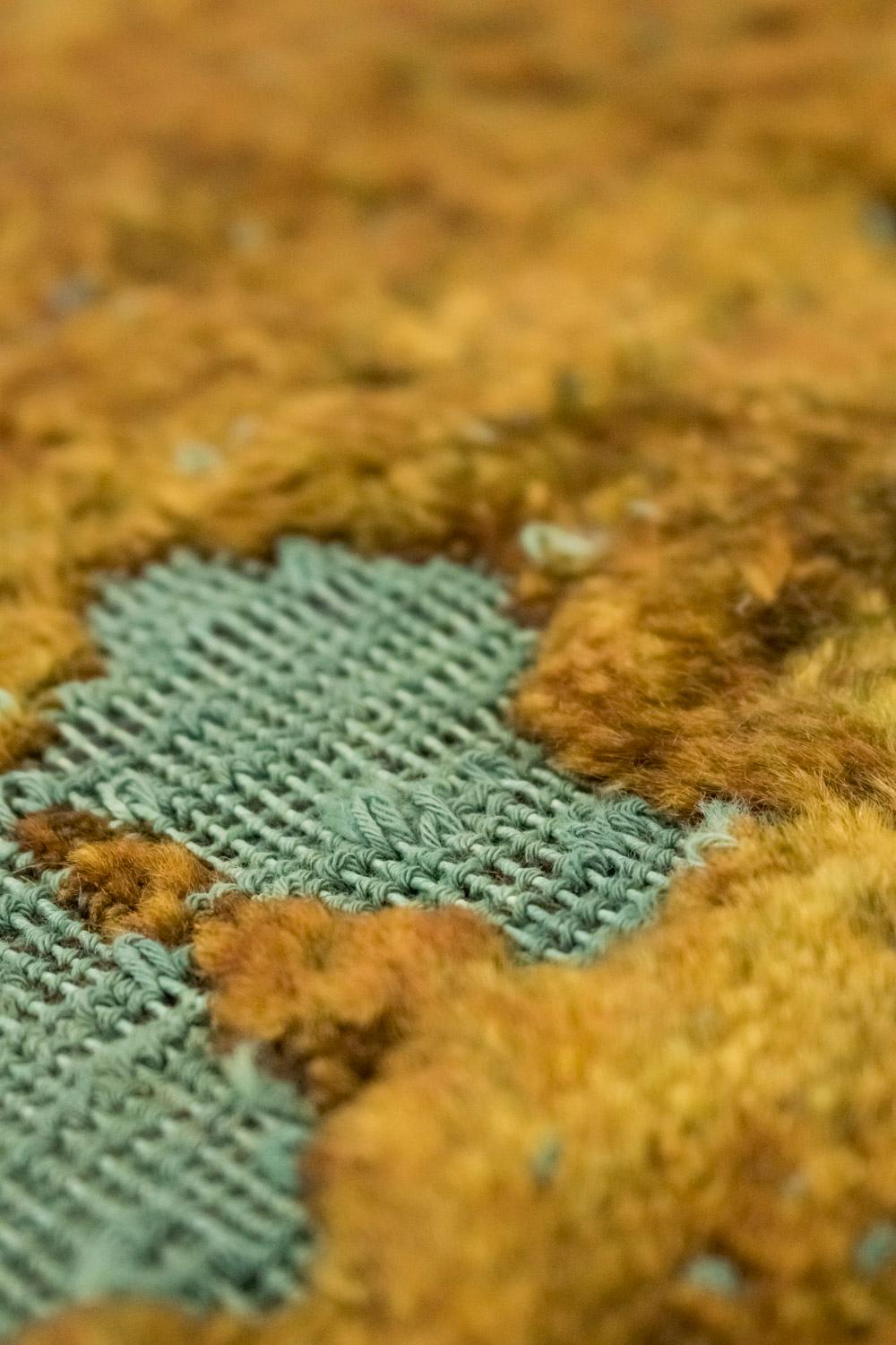 Wool Ochre and Turquoise Persian Carpet, Unique Piece