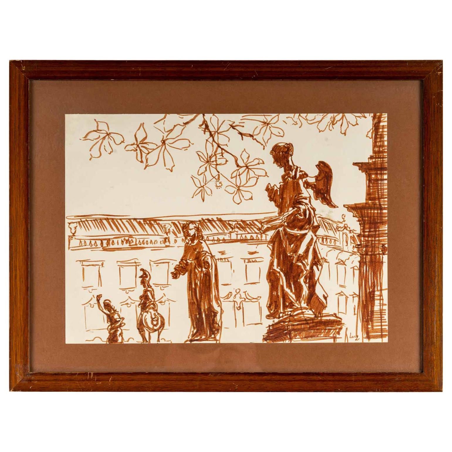 Ochre Felt-Tip Drawing by Luez, 20th Century For Sale