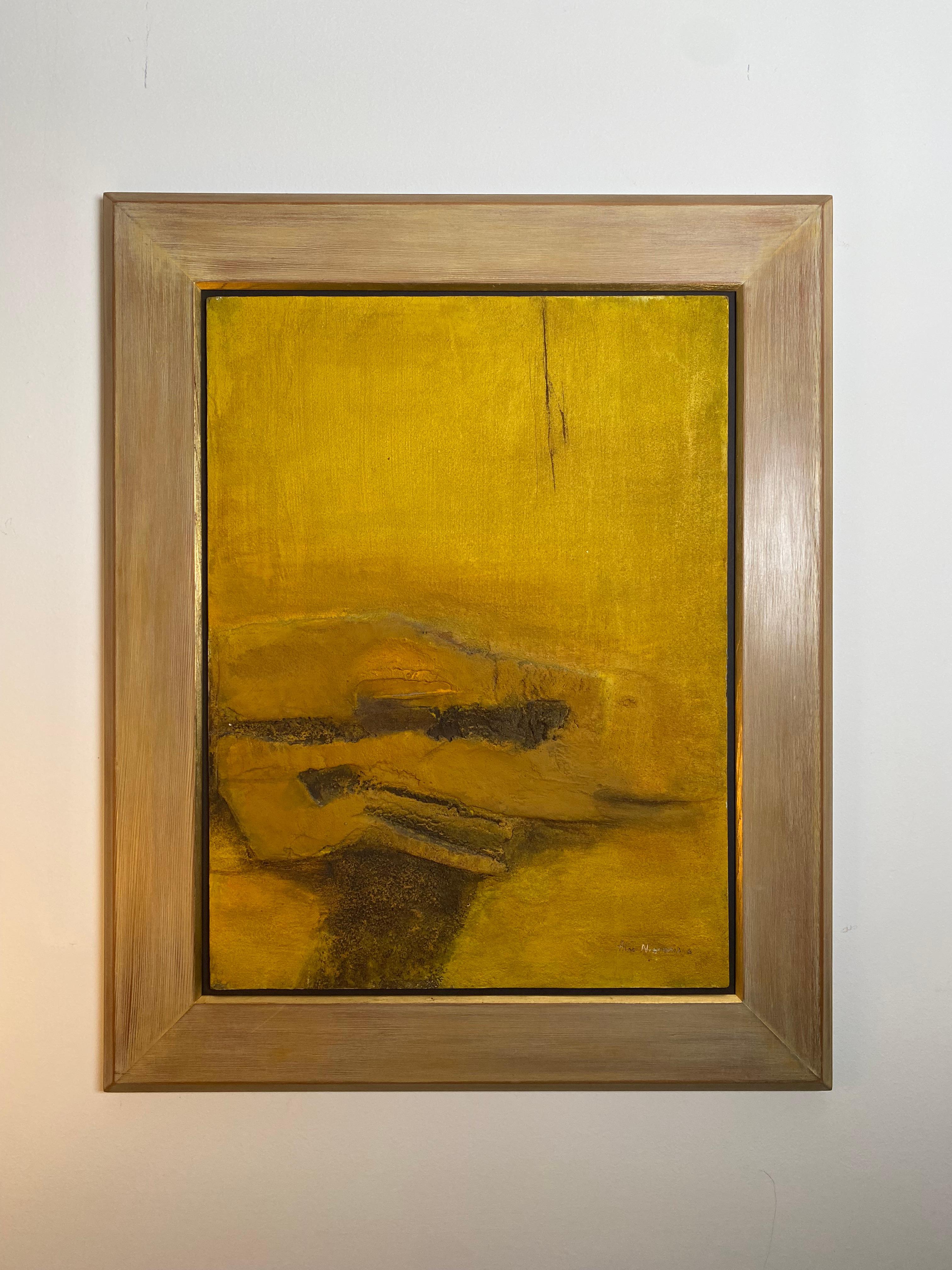 Une étude de paysage intrigante en médium texturé et en couleurs ocre. Nous vous proposons ici un très bel exemple d'art décoratif brutaliste des années 1970. En outre, l'œuvre est terminée par un large (et magnifique) cadre en cèdre chaulé et doré.