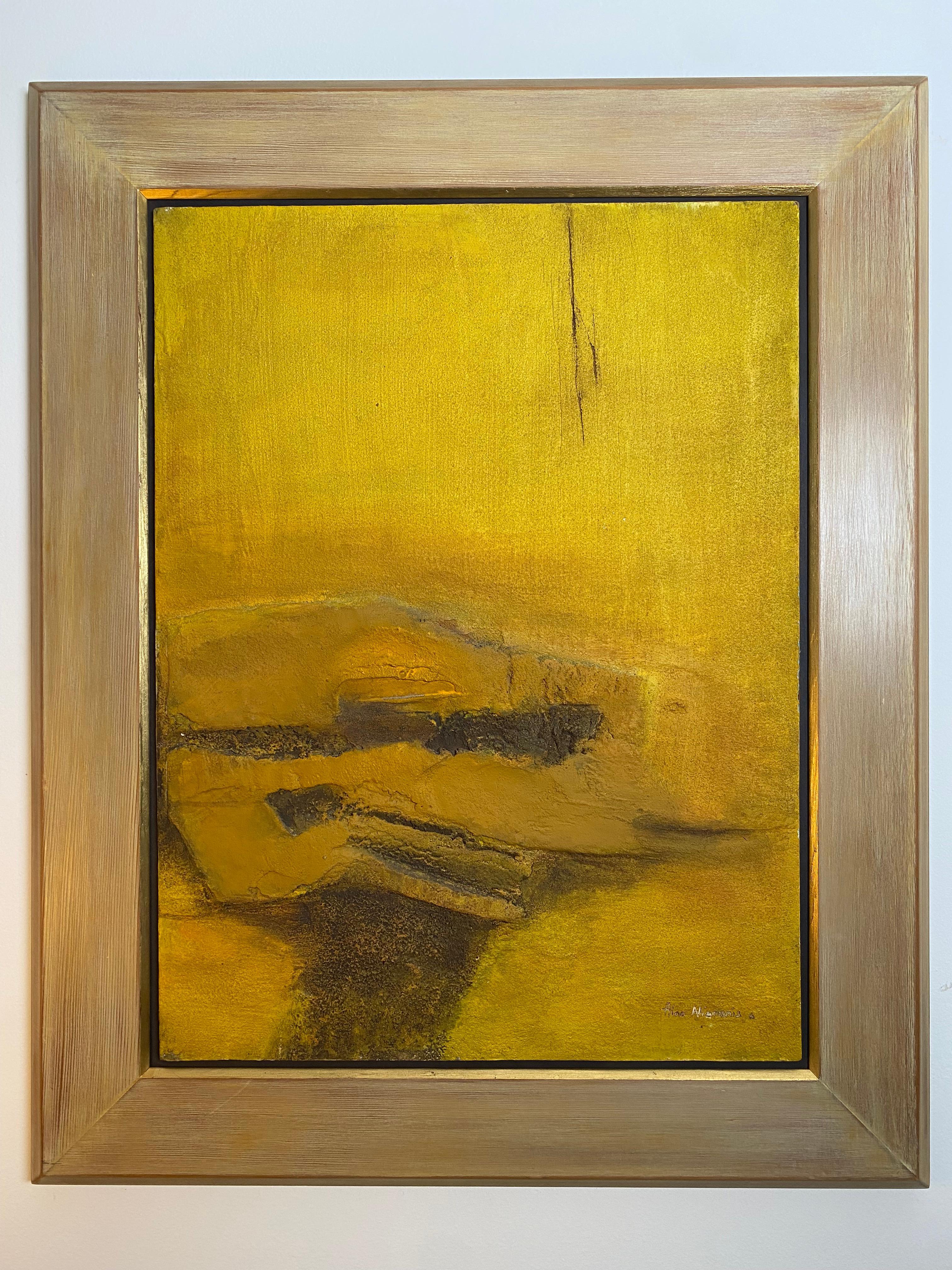 Brutalisme Ochre Yellow Mixed Media on Board c1970 Signé par Latvian Australian Artist en vente