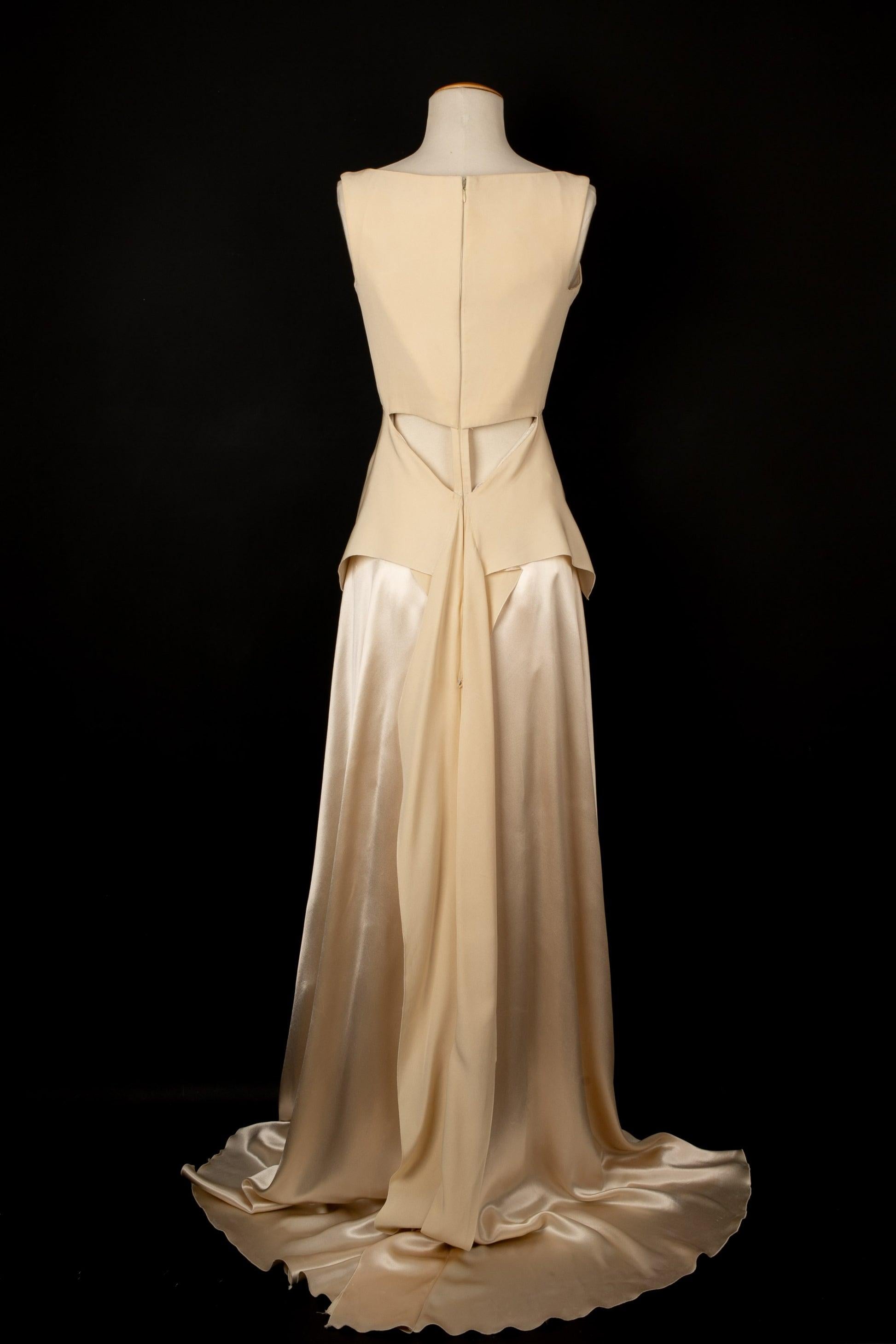 Beige Ocimar Versolato Long Off-white Satin Evening Dress