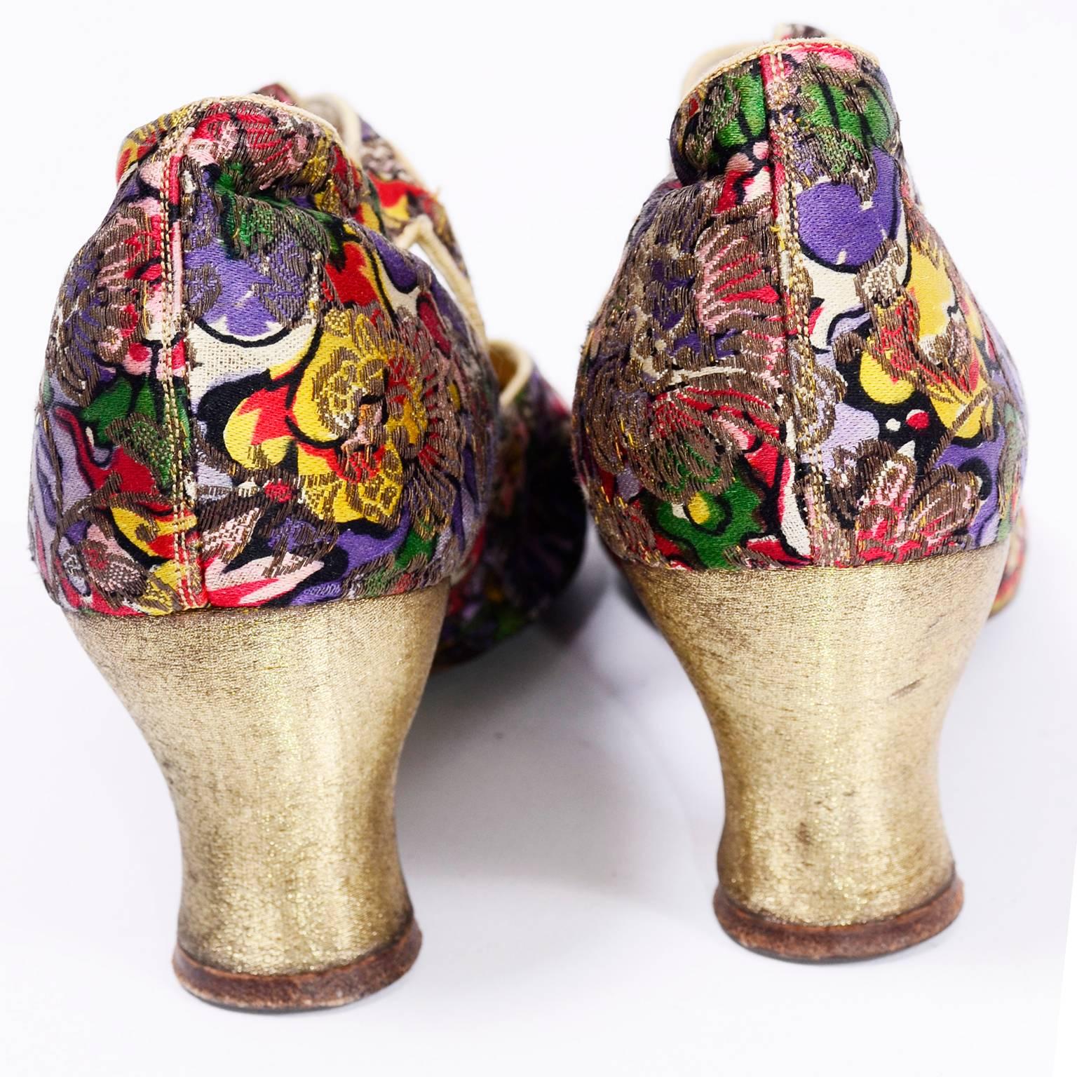 Women's O'Connor & Goldberg Edwardian or 1920s Floral Metallic Gold Brocade Shoes 