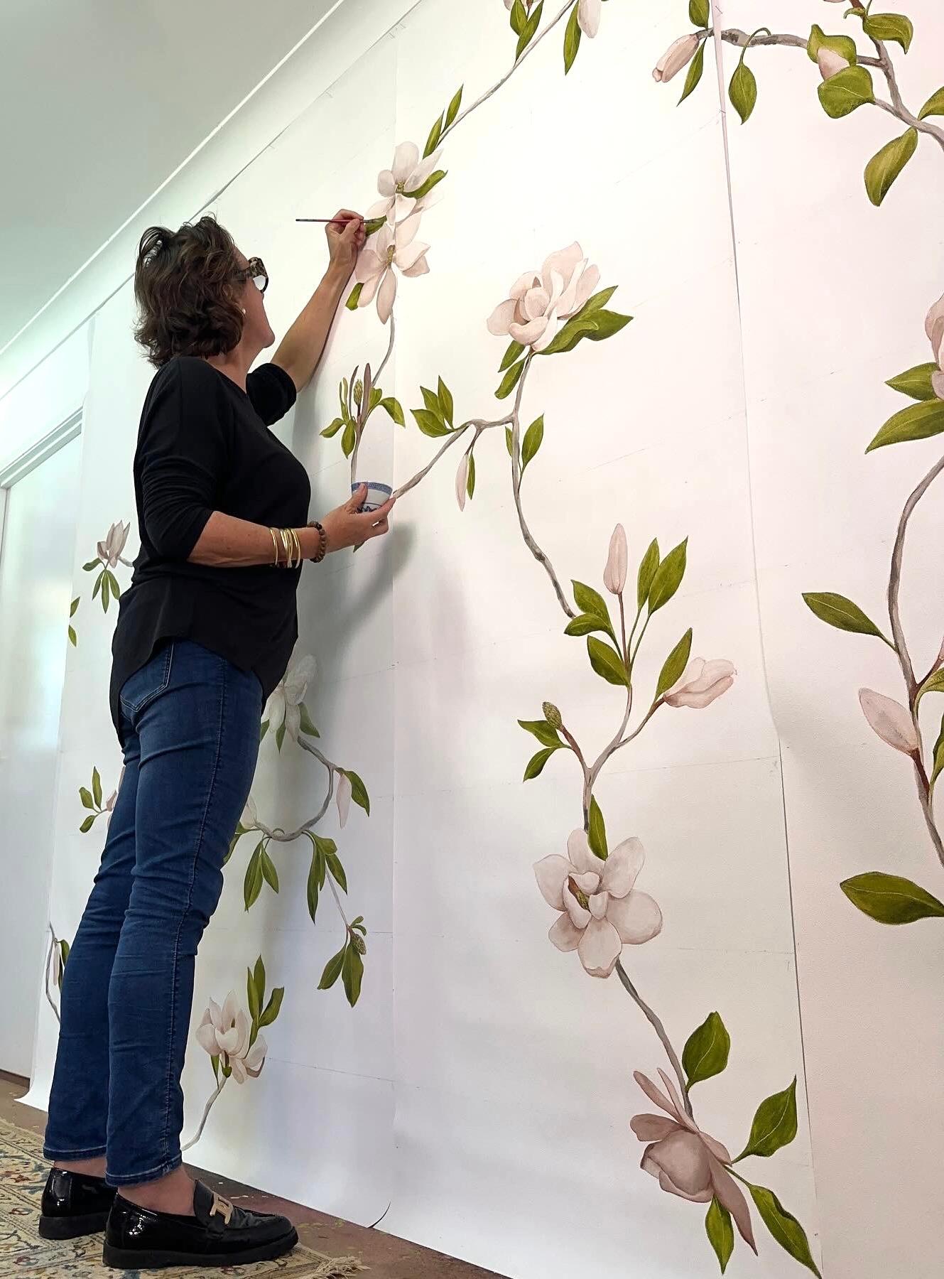 The Magnolia design is the first in the hand painted wallpaper collection and is representative of its fragile blossoms and woody stems.
Each panel is a work of fine art, painted with meticulous care and expertise by artist Tarn McLean in the Ocre