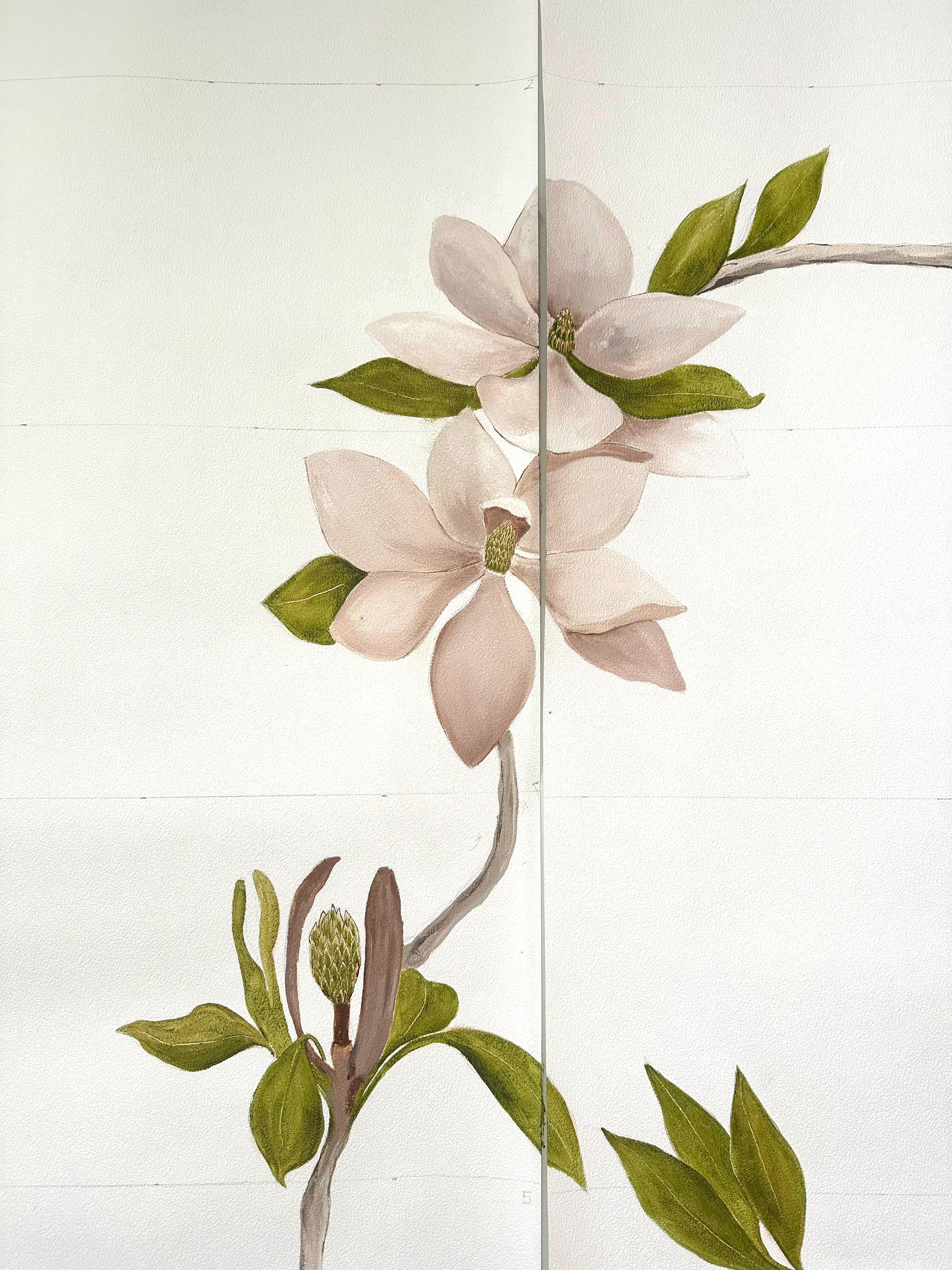 Handbemalte Wandteppich Magnolie Botanical aus Kreide von Tarn McLean, botanisch, handbemalt (Chinoiserie) im Angebot