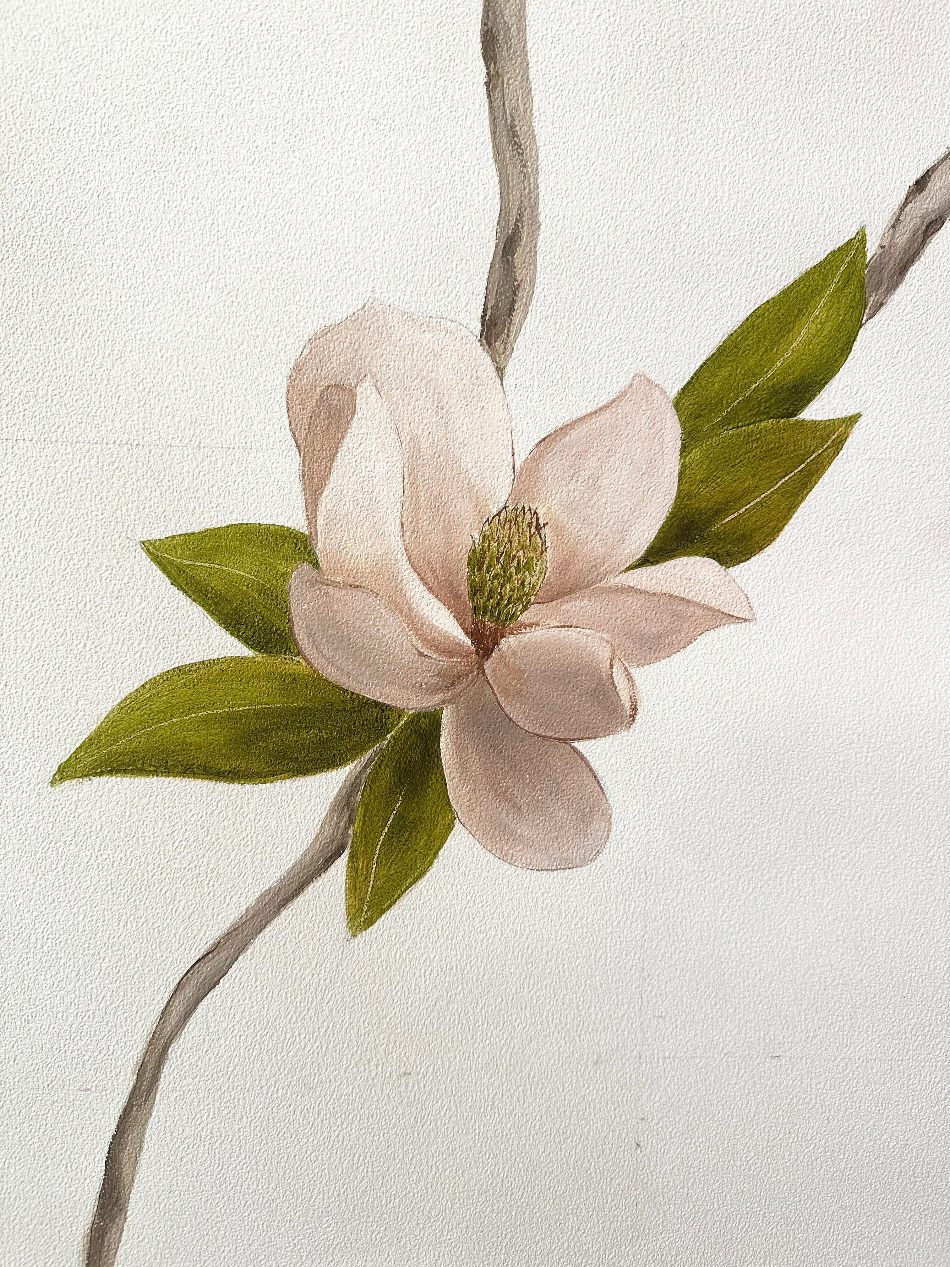 Hand-Painted Hand Painted Wallpaper Magnolia Botanical from Ocre Designs by Tarn McLean For Sale