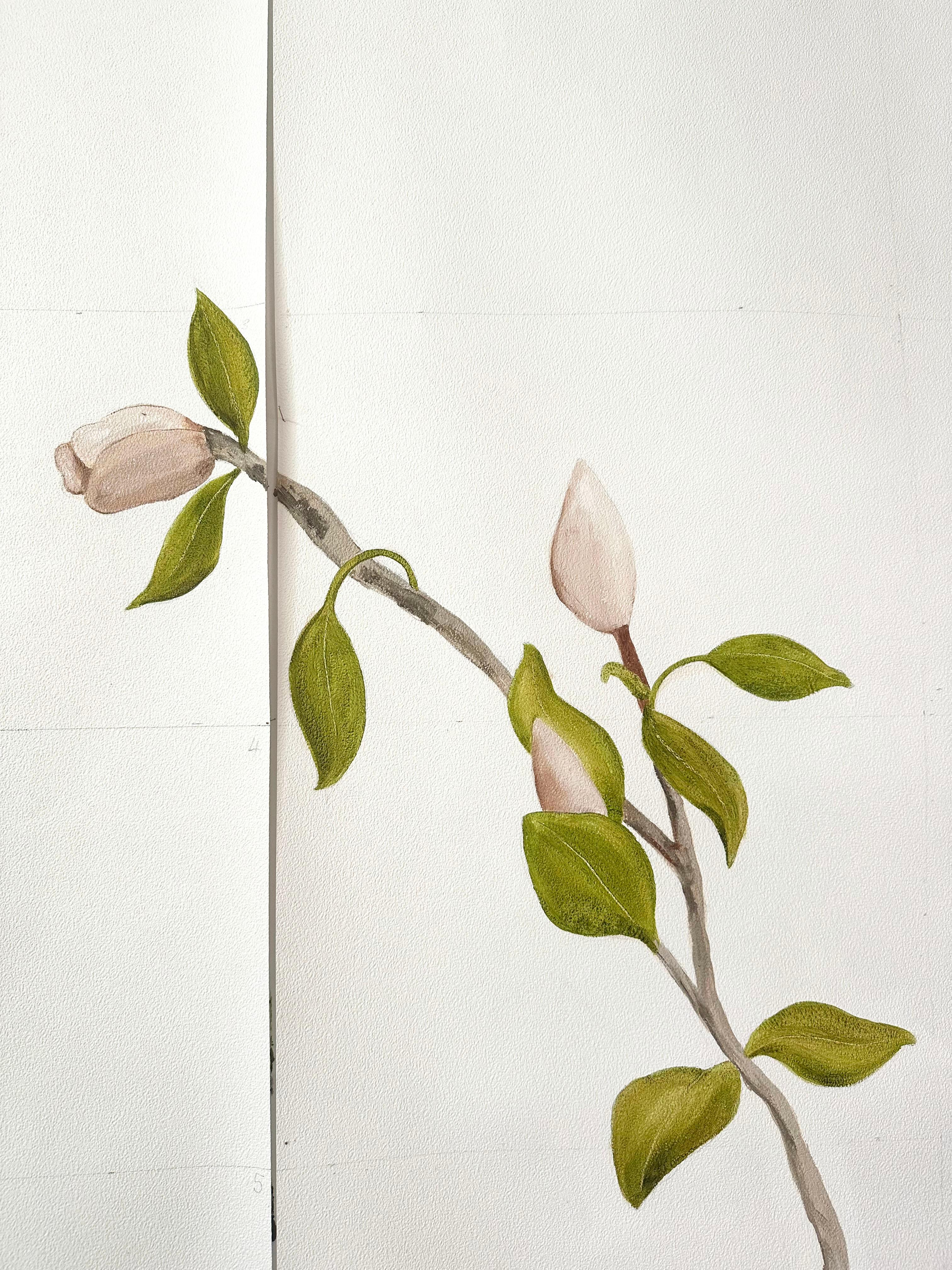 Hand-Painted Hand Painted Wallpaper Magnolia Botanical from Ocre Designs by Tarn McLean For Sale