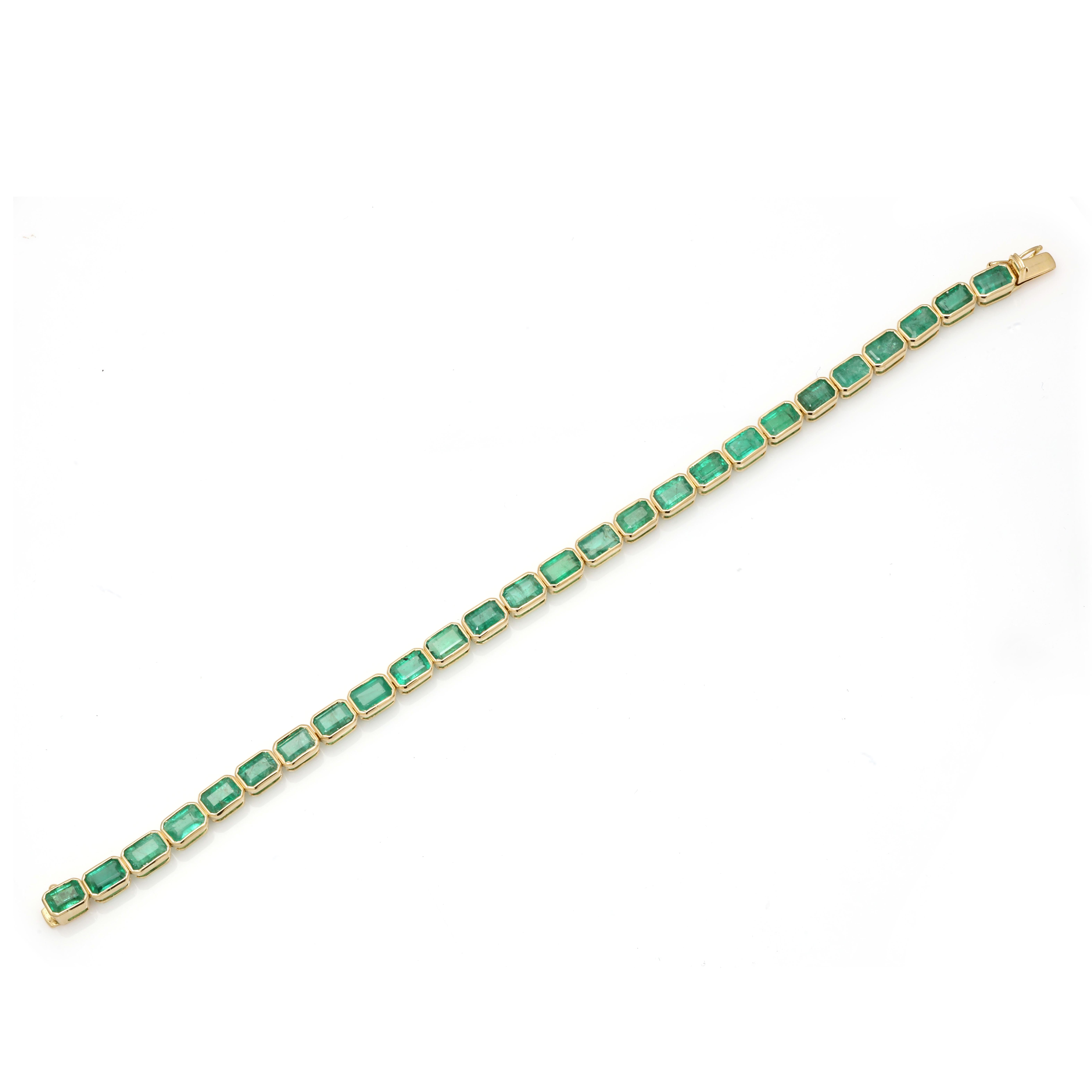 This Vivid Green Natural Emerald Tennis Bracelet Mounted in 18K gold showcases 26 endlessly sparkling natural emerald, weighing 12.5 carat. It measures 7.5 inches long in length.
Emerald gemstone enhances the intellectual capacity of the person.