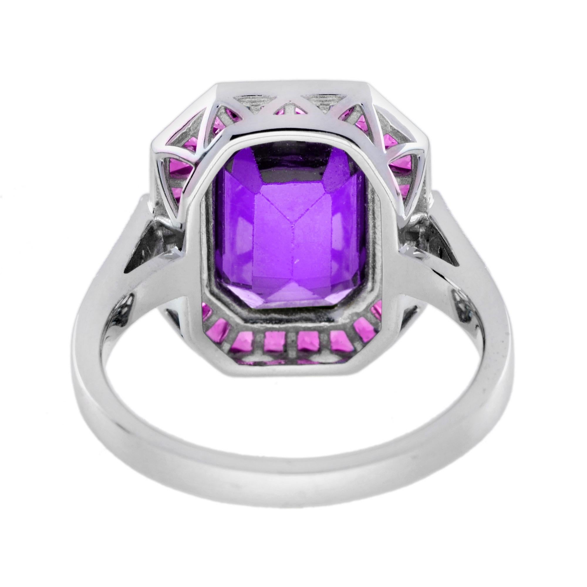 Emerald Cut Octagon Amethyst Ruby Diamond Art Deco Style Halo Set 14K White Gold Ring For Sale