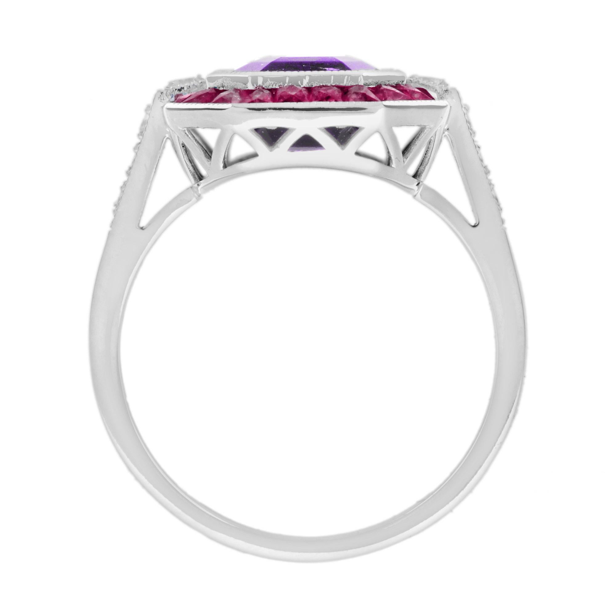 Octagon Amethyst Ruby Diamond Art Deco Style Halo Set 14K White Gold Ring In New Condition For Sale In Oakton, VA