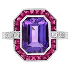Octagon Amethyst Ruby Diamond Art Deco Style Halo Set 14K White Gold Ring
