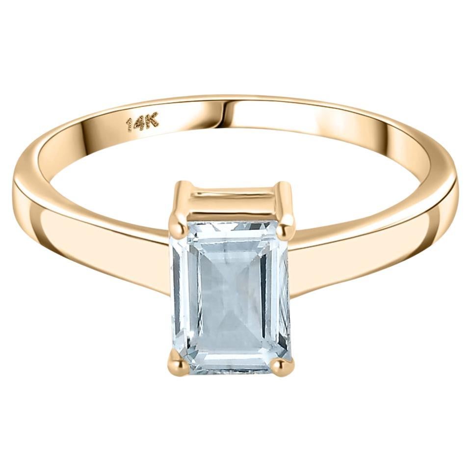 Octagon Aquamarine Solitaire Ring Set in 14k Solid Yellow Gold Settings