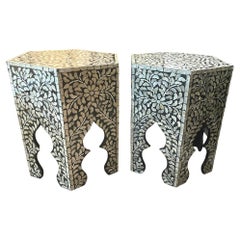 Octagon Black Carved Wood Tables with Mother of Pearl Inlay