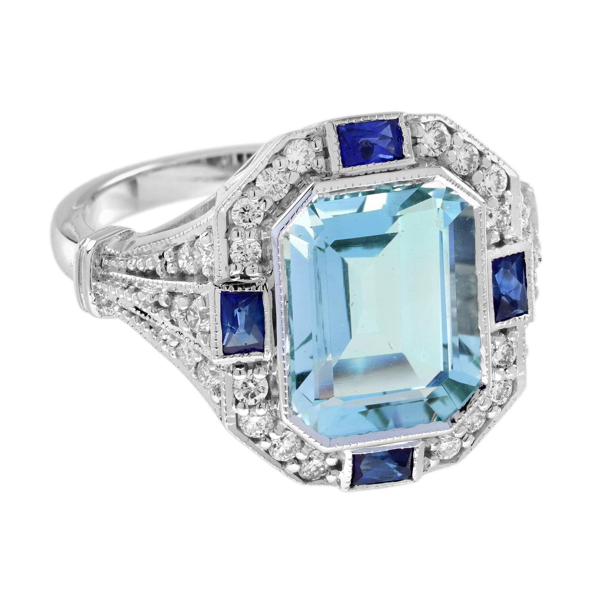 Breathtaking handcrafted white gold Art Deco style aquamarine, sapphire and diamond halo engagement ring! The ring is set with a fine emerald cut aquamarine weighing 3.95 carat (approx.). The center stone is haloed by a row of shimmering diamonds