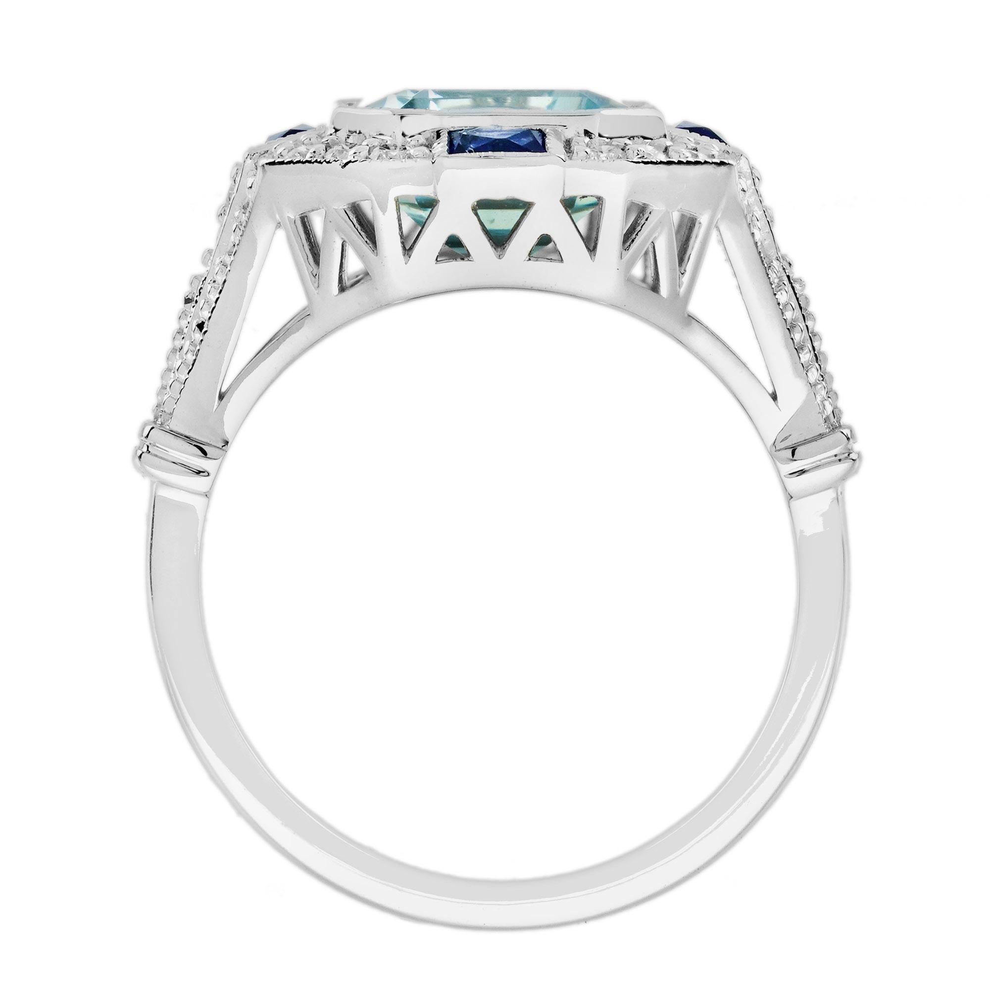 Taglio smeraldo Anello in oro bianco stile Art Deco con acquamarina blu ottagonale e diamante zaffiro in vendita