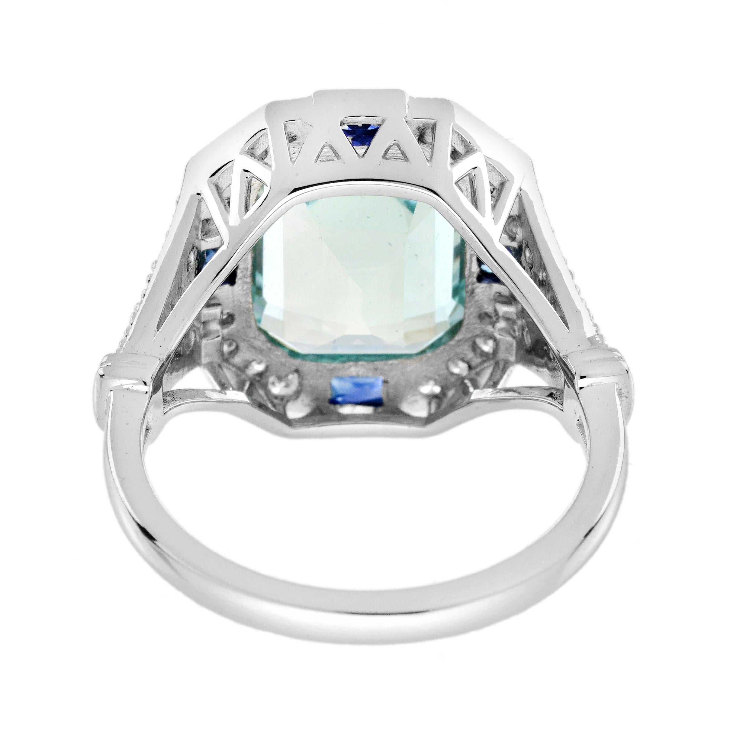 Anello in oro bianco stile Art Deco con acquamarina blu ottagonale e diamante zaffiro In condizioni Nuovo in vendita a Oakton, VA
