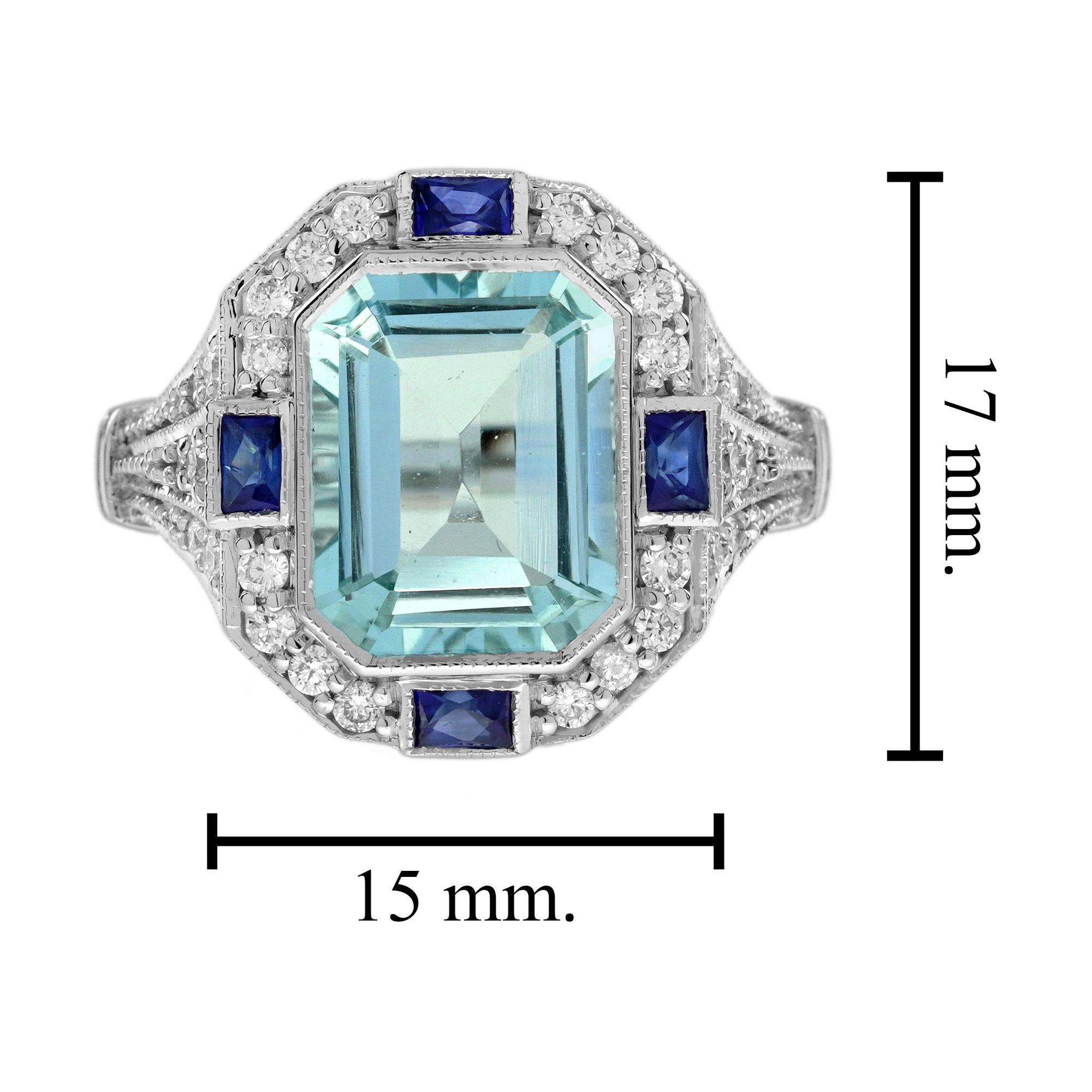 Anello in oro bianco stile Art Deco con acquamarina blu ottagonale e diamante zaffiro in vendita 1