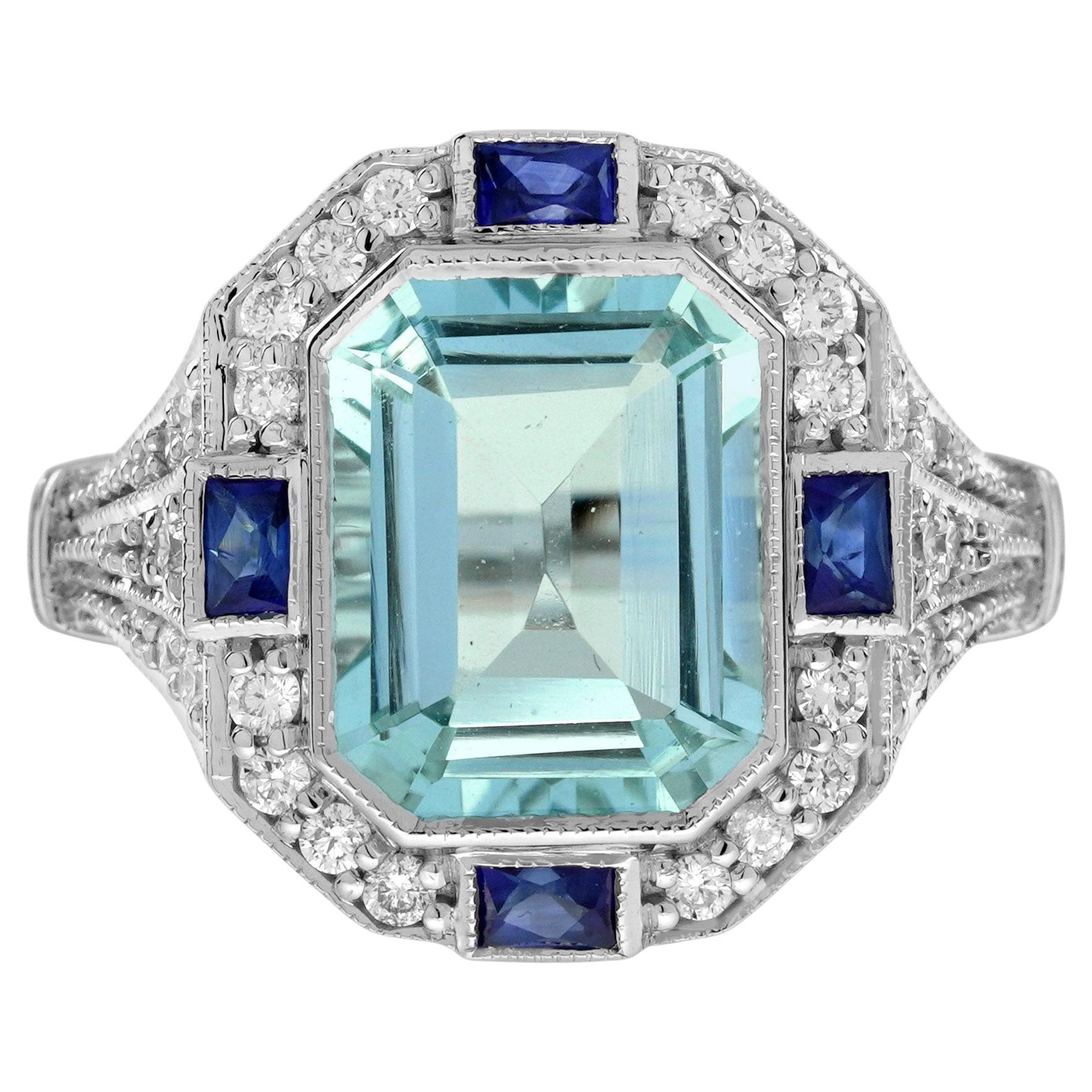 Anello in oro bianco stile Art Deco con acquamarina blu ottagonale e diamante zaffiro in vendita