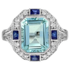 Octagon Blue Aquamarine & Sapphire Diamond Art Deco Style White Gold Ring