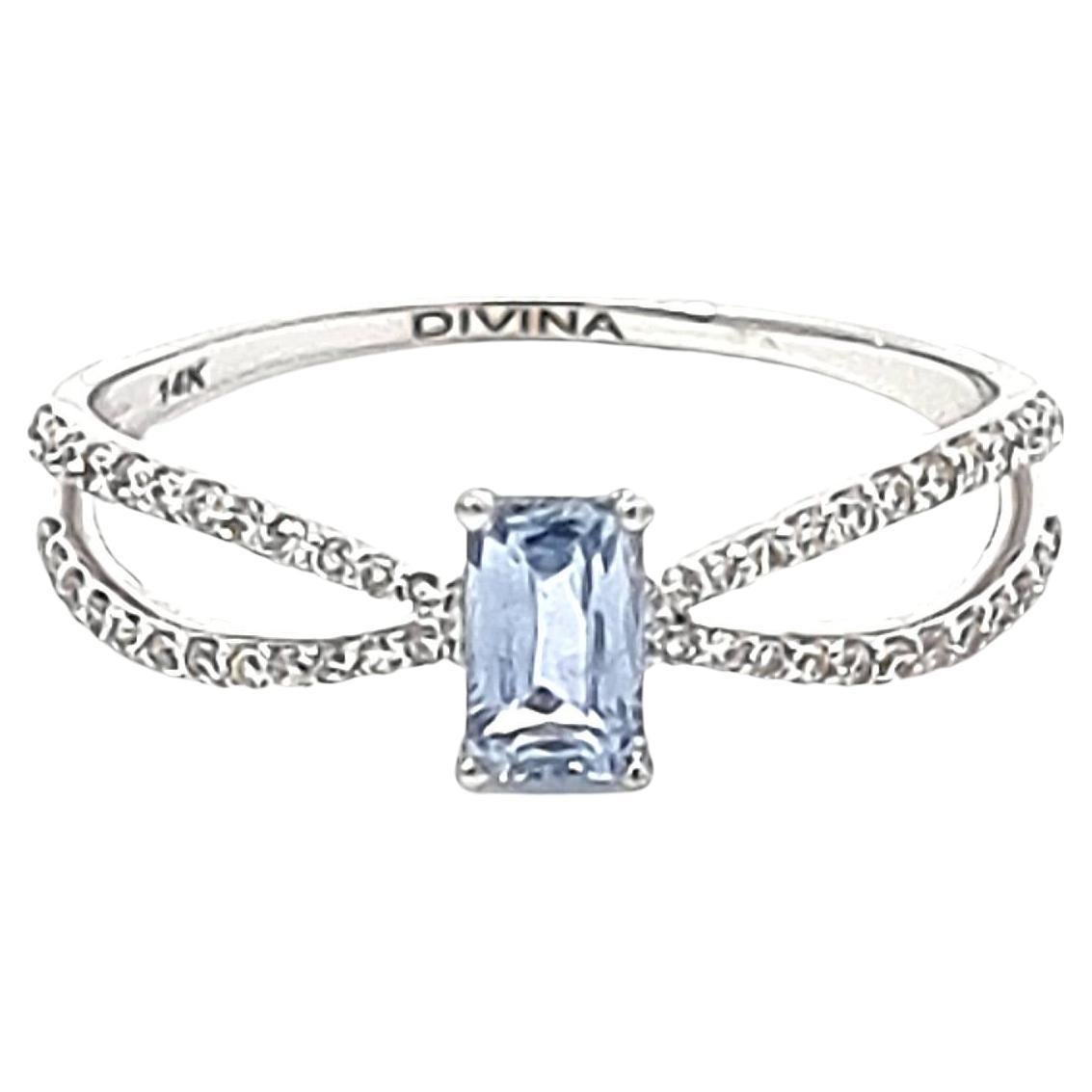 Octagon Blue Sapphire & Diamonds in 14K White Gold Ring