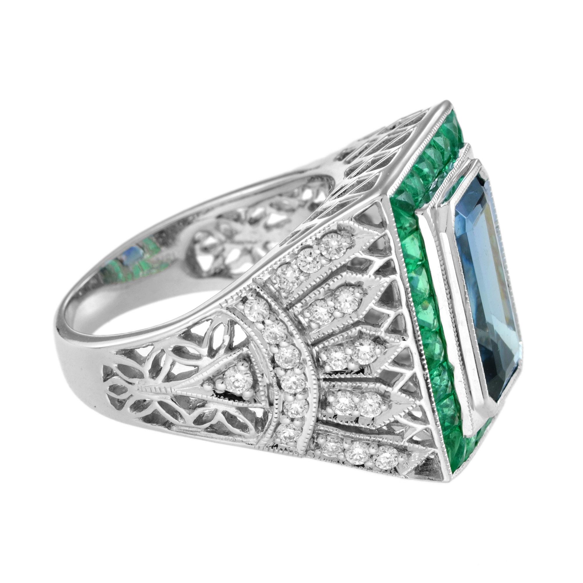 Achteckiger blauer Tansanit & Smaragd und Diamant Ring im Art Deco Stil aus 18K Weißgold (Art déco) im Angebot