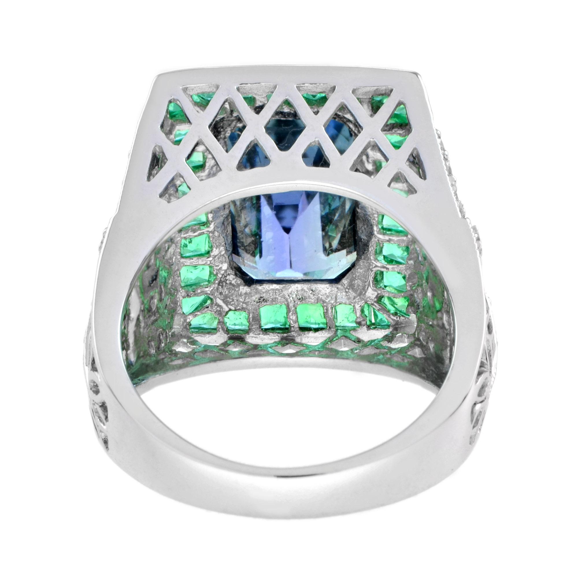 Achteckiger blauer Tansanit & Smaragd und Diamant Ring im Art Deco Stil aus 18K Weißgold (Smaragdschliff) im Angebot