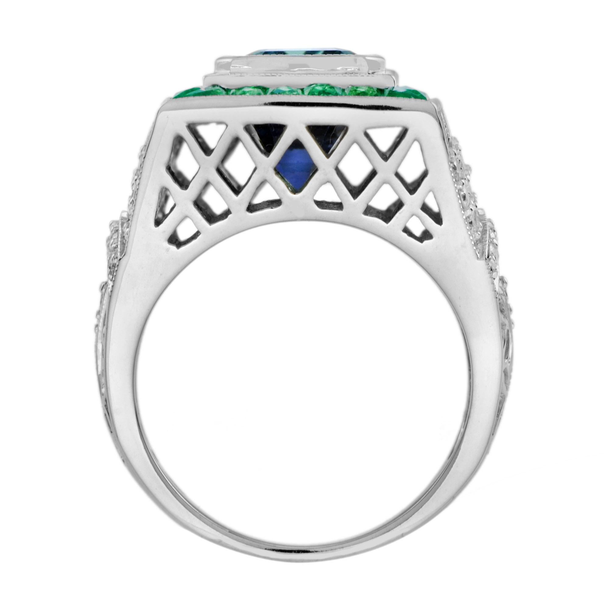Achteckiger blauer Tansanit & Smaragd und Diamant Ring im Art Deco Stil aus 18K Weißgold im Zustand „Neu“ im Angebot in Oakton, VA