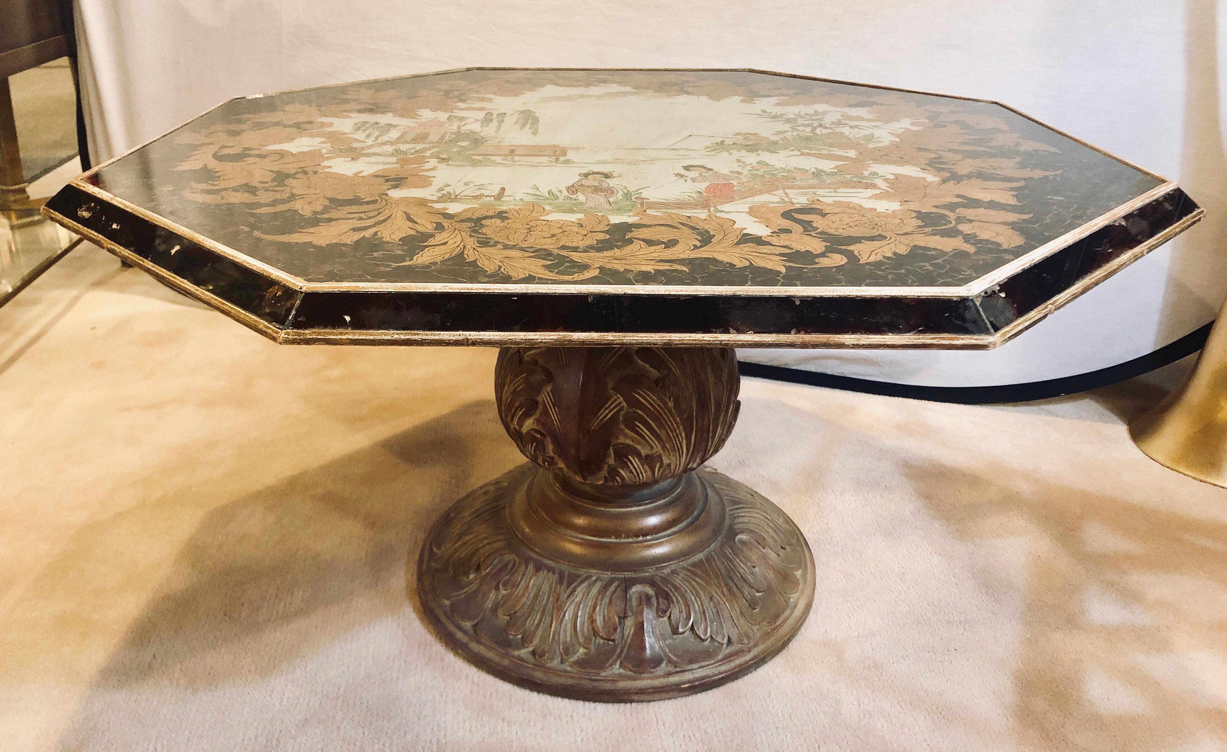 Chinese Export Octagon Chinoiserie Decorated Mirror Top Low Coffee Table with Carved Wood Base For Sale