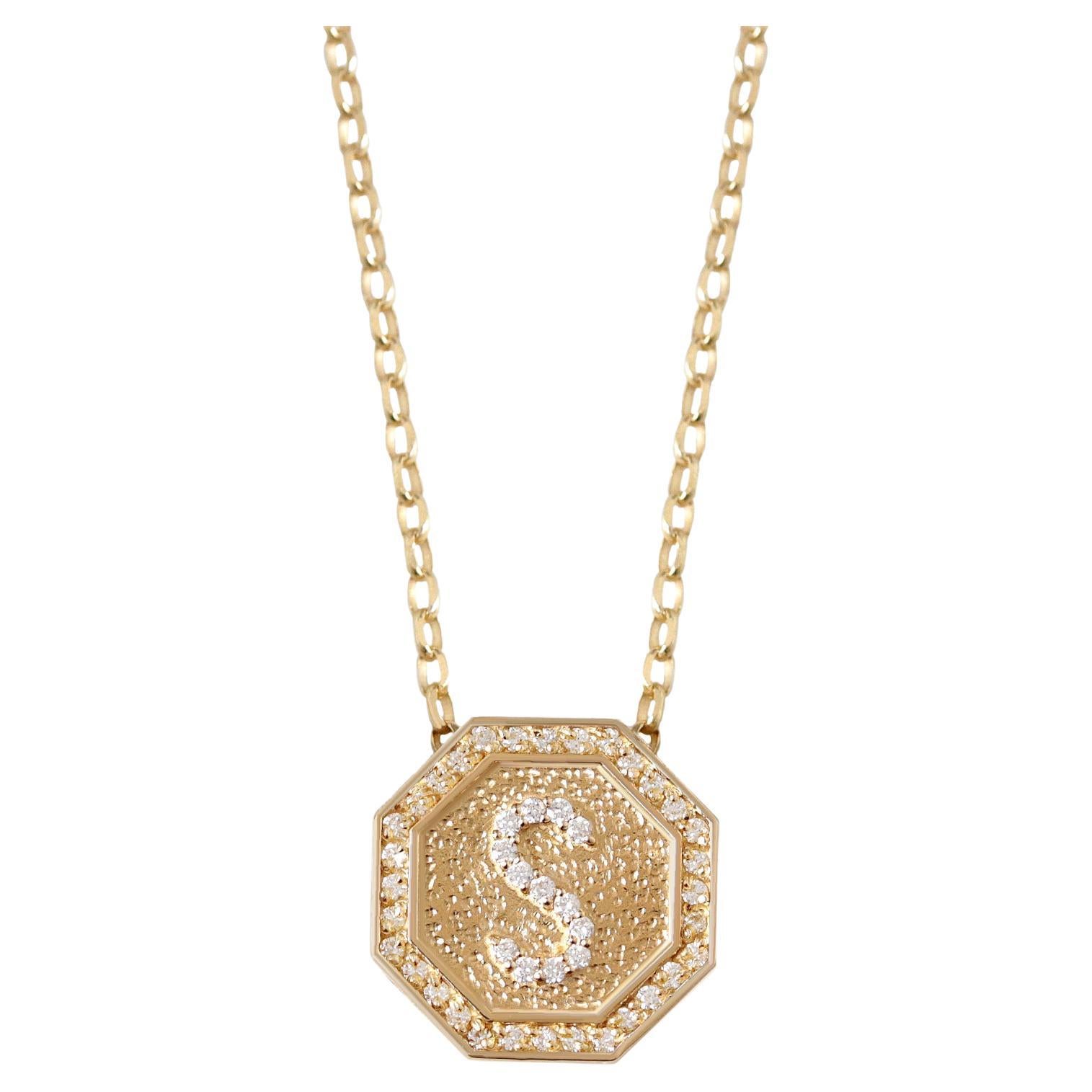 Octagon Coin Pave Diamond Initial Necklace