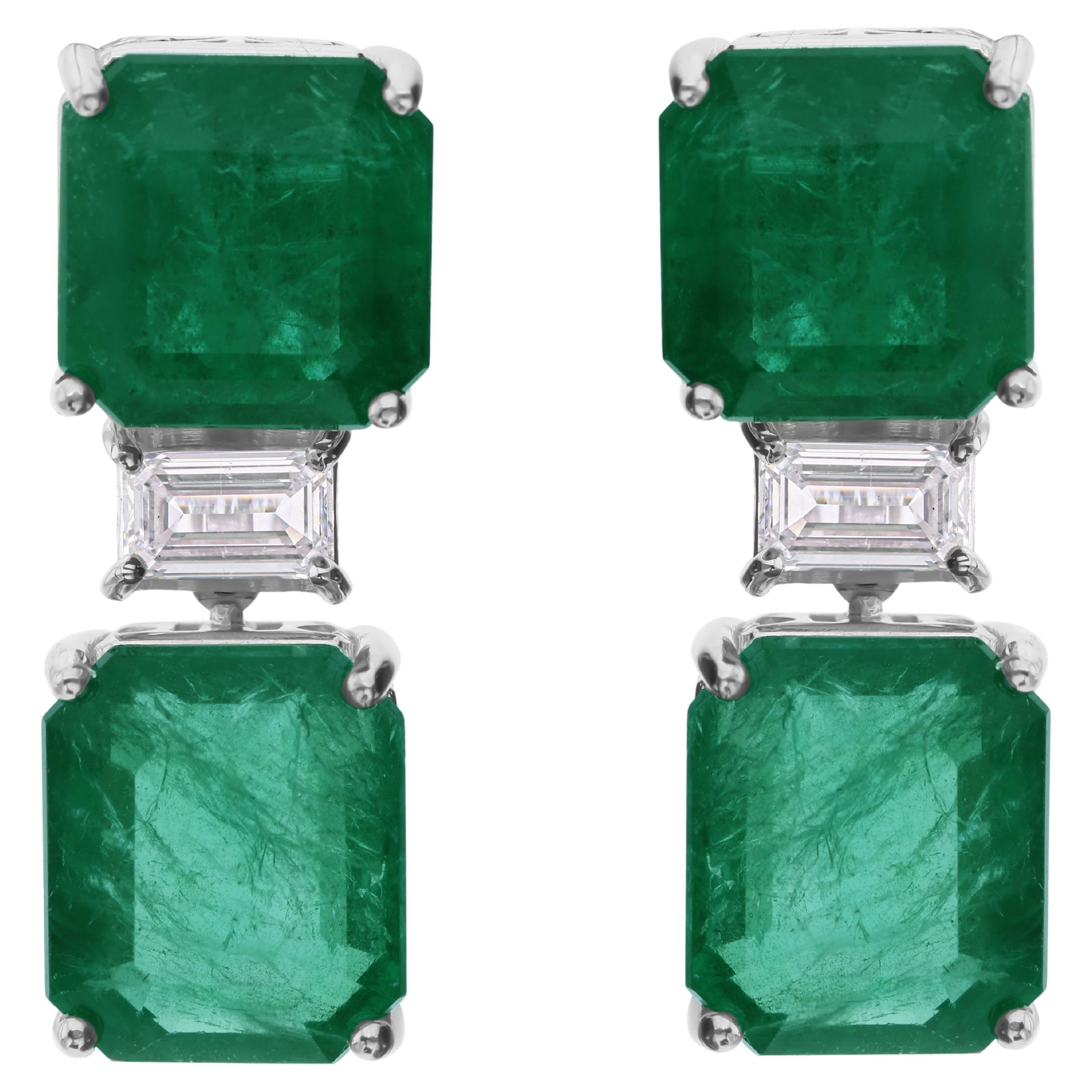 Achteckige 24,5 tcw sambische Smaragd-Diamant-Tropfen-Ohrringe 14 Karat Weißgold