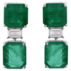 Octagon Cut 24.5Tcw Zambian Emerald Diamond Drop Earrings 14 Karat White Gold