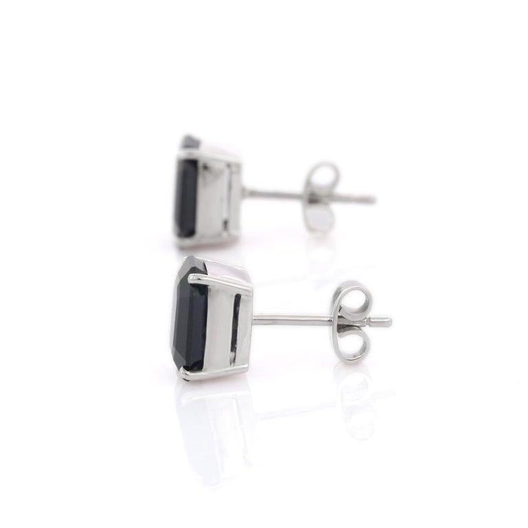 Women's Octagon Cut 5.35 Carat Natural Blue Sapphire Stud Earrings in 18K White Gold For Sale