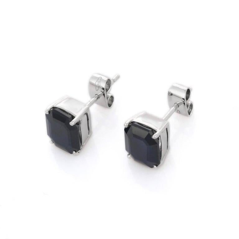 Octagon Cut 5.35 Carat Natural Blue Sapphire Stud Earrings in 18K White Gold For Sale 2