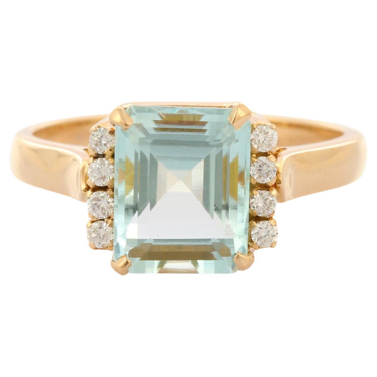 Bague cocktail aigue-marine taille octogonale 2,65 ct en or jaune 18K avec diamants 