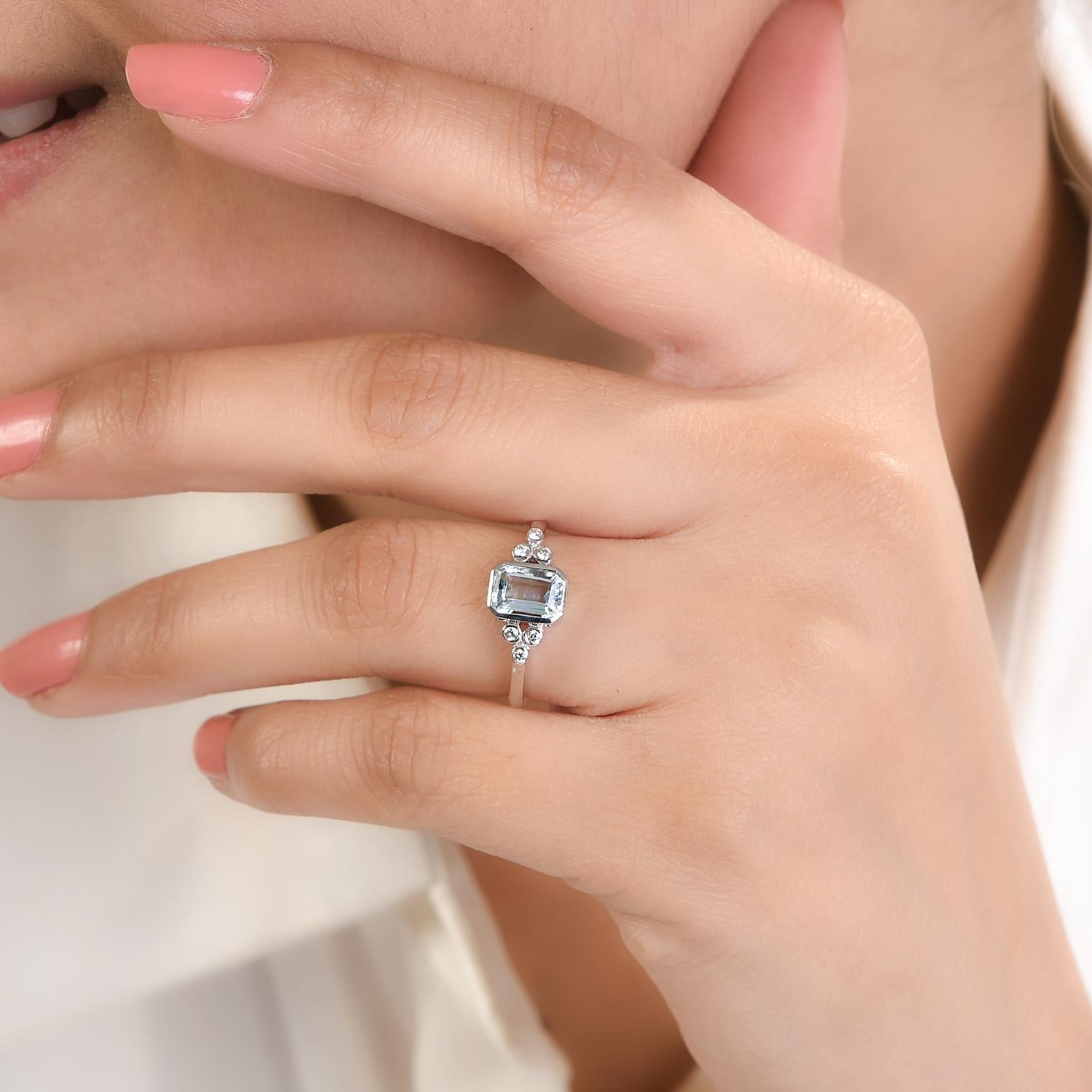 For Sale:  Octagon Cut Aquamarine Diamond Engagement Ring in 14k Solid White Gold 4