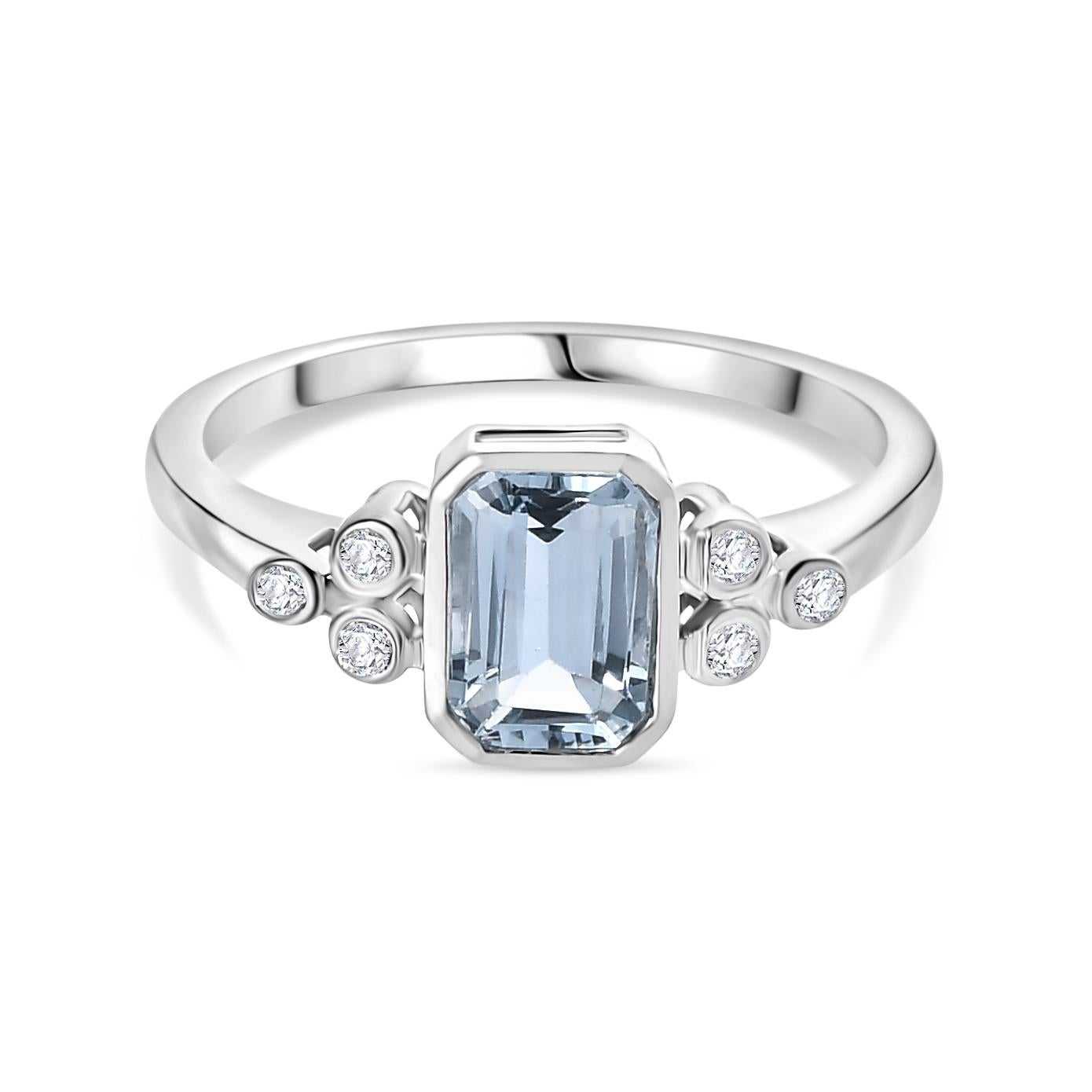 For Sale:  Octagon Cut Aquamarine Diamond Engagement Ring in 14k Solid White Gold 9
