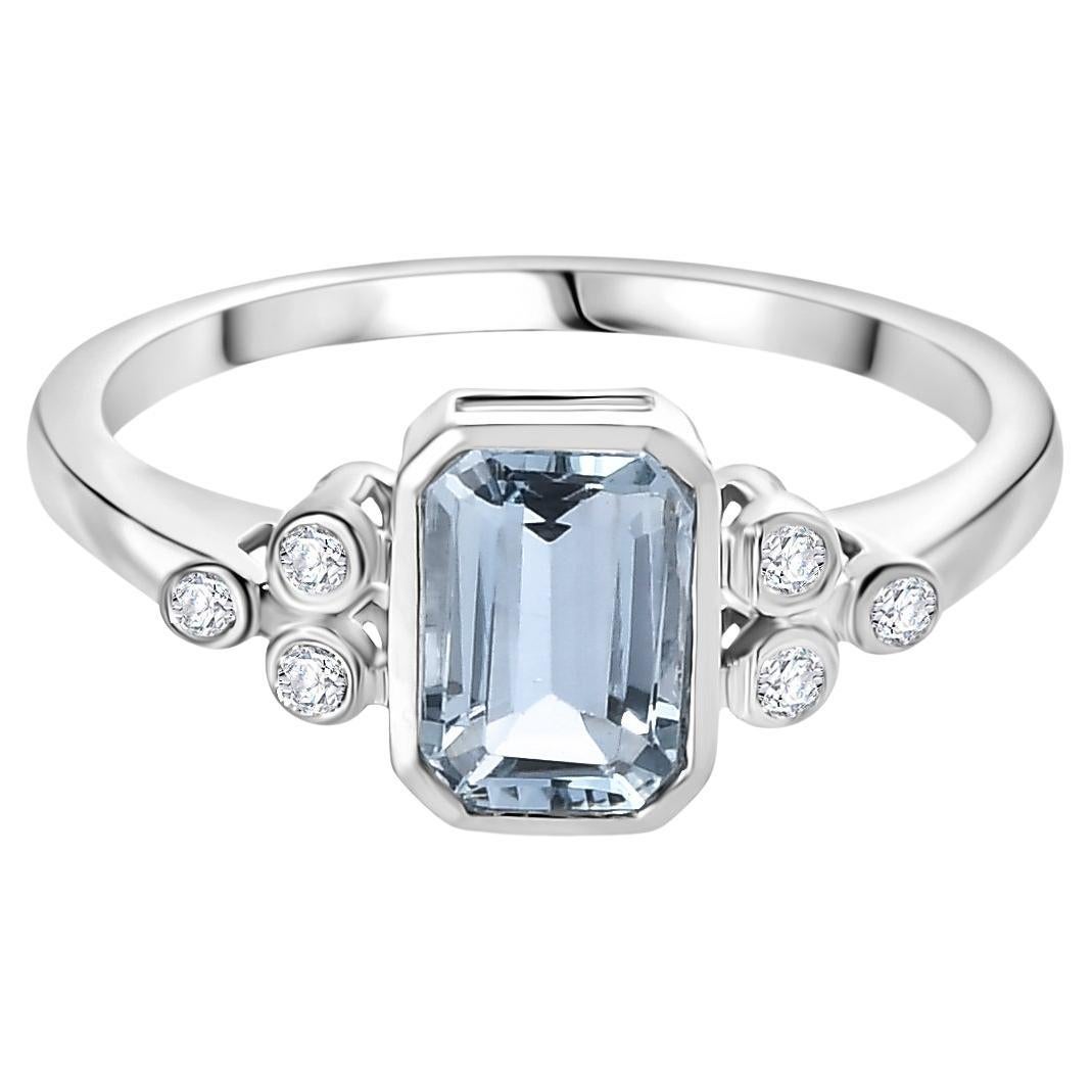 For Sale:  Octagon Cut Aquamarine Diamond Engagement Ring in 14k Solid White Gold