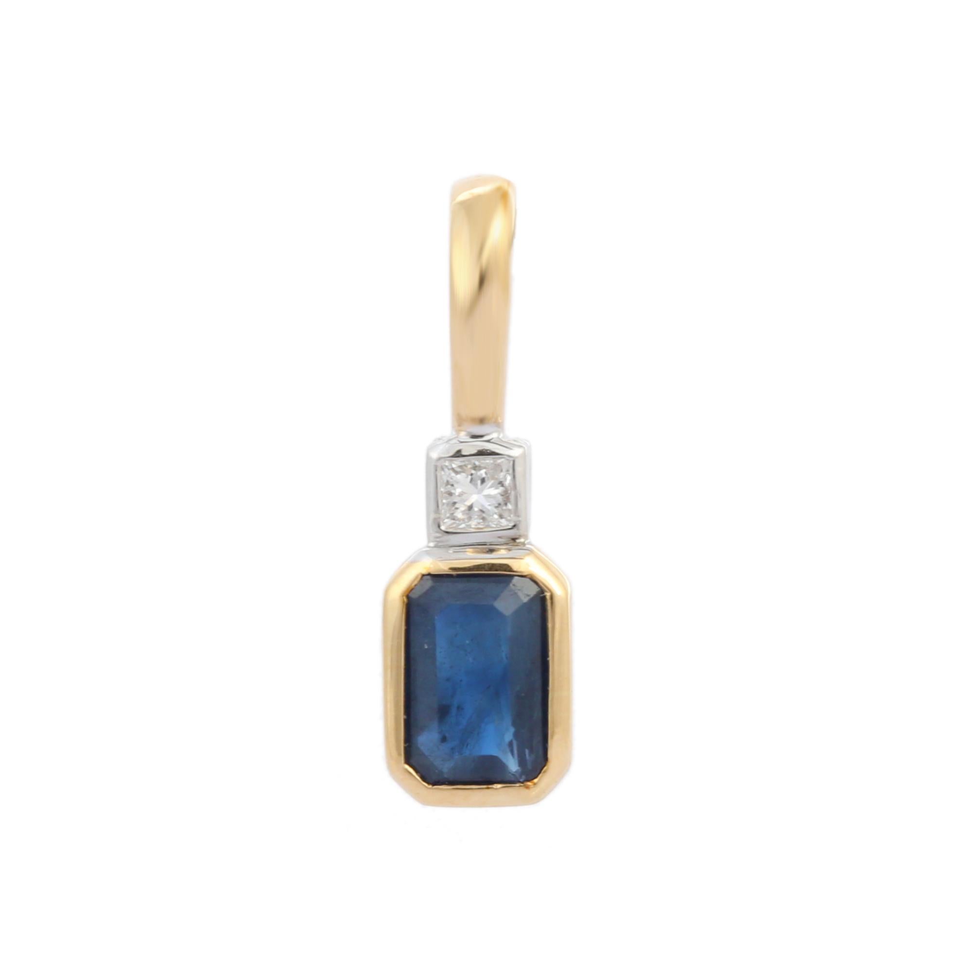 Natural Blue Sapphire and Diamond pendant in 18K Gold. It has octagon cut sapphire with diamond that completes your look with a decent touch. Pendants are used to wear or gifted to represent love and promises. It's an attractive jewelry piece that