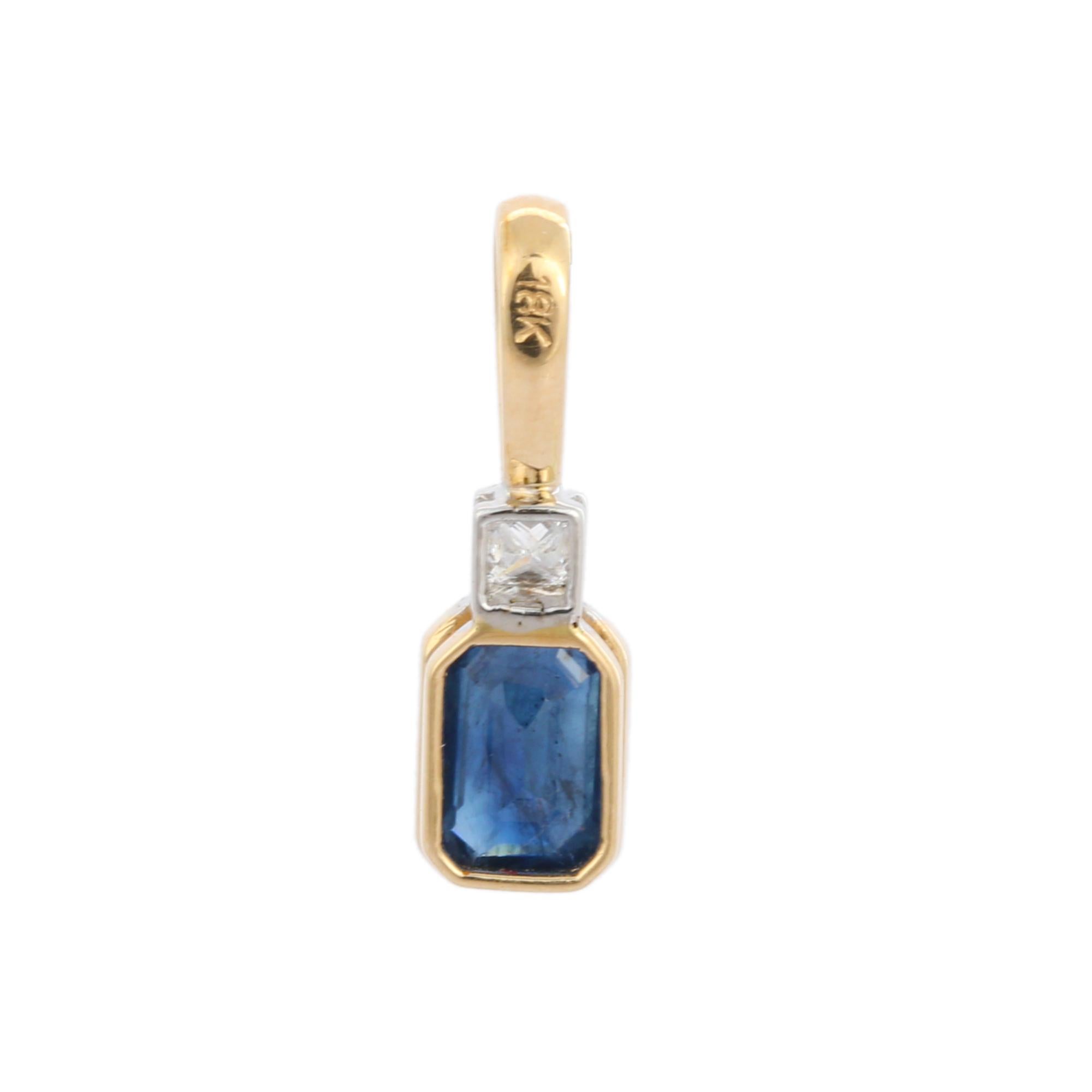 Modernist Octagon Cut Blue Sapphire and Diamond Bezel Set Pendant in 18K Gold For Sale
