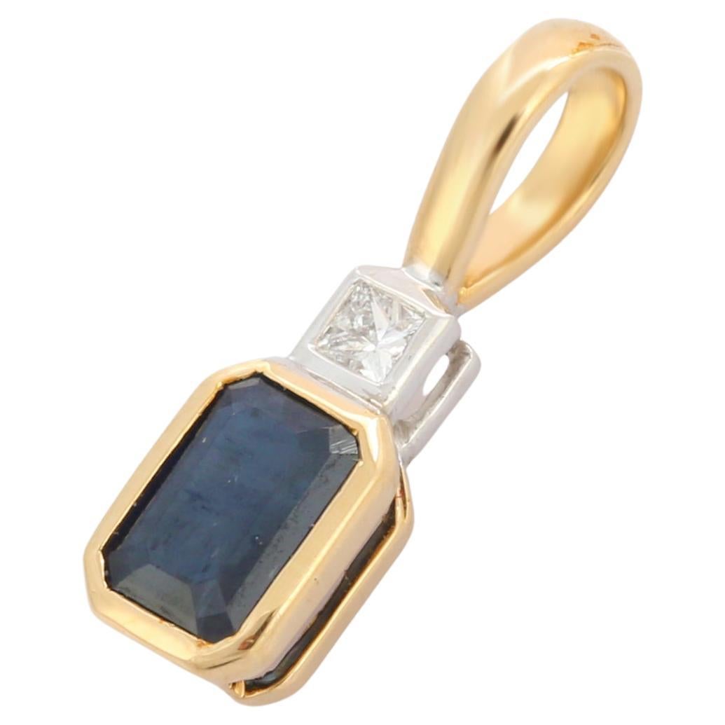 Octagon Cut Blue Sapphire and Diamond Bezel Set Pendant in 18K Gold For Sale