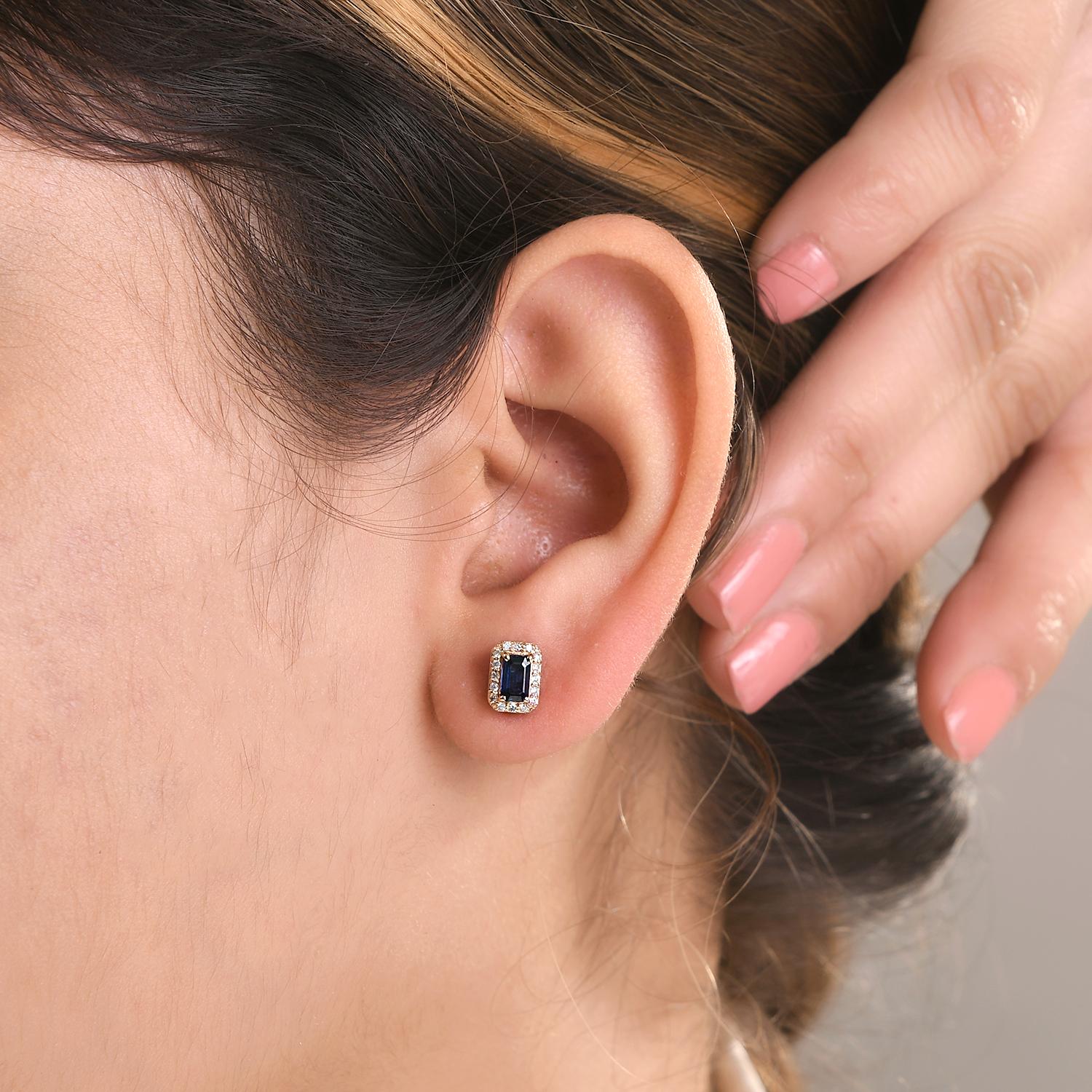 Octagon Cut Blue Sapphire Diamond Halo Stud Earrings in Solid 14k Yellow Gold For Sale 1