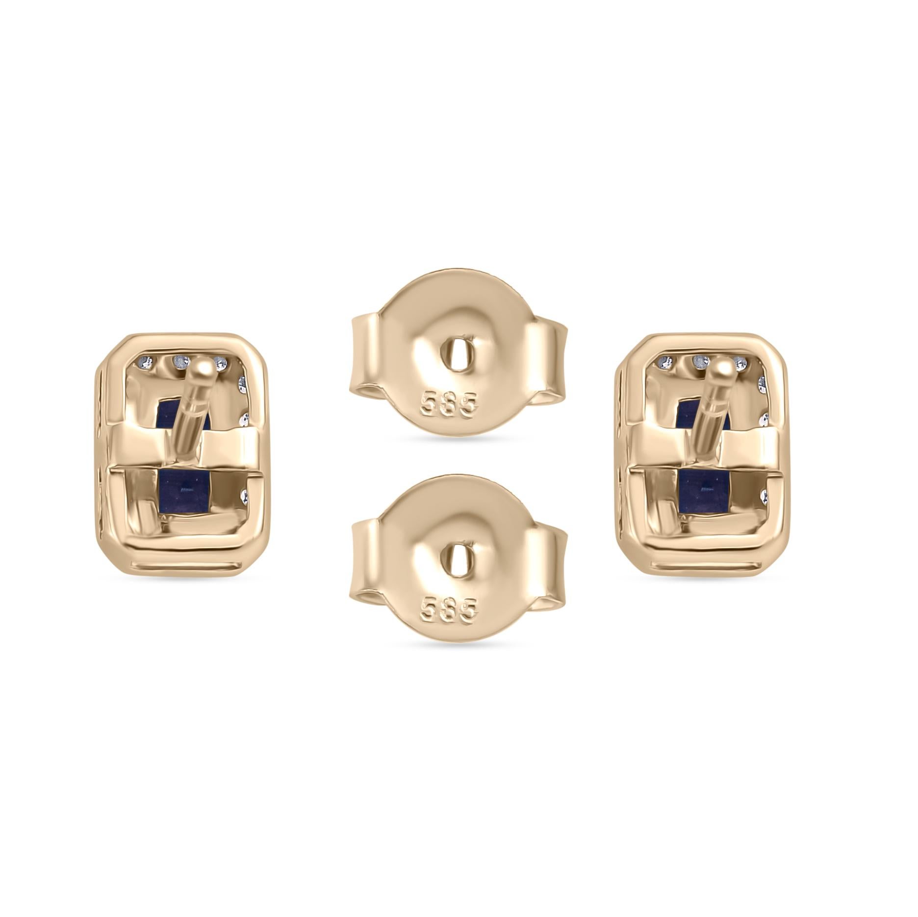 Octagon Cut Blue Sapphire Diamond Halo Stud Earrings in Solid 14k Yellow Gold For Sale 2