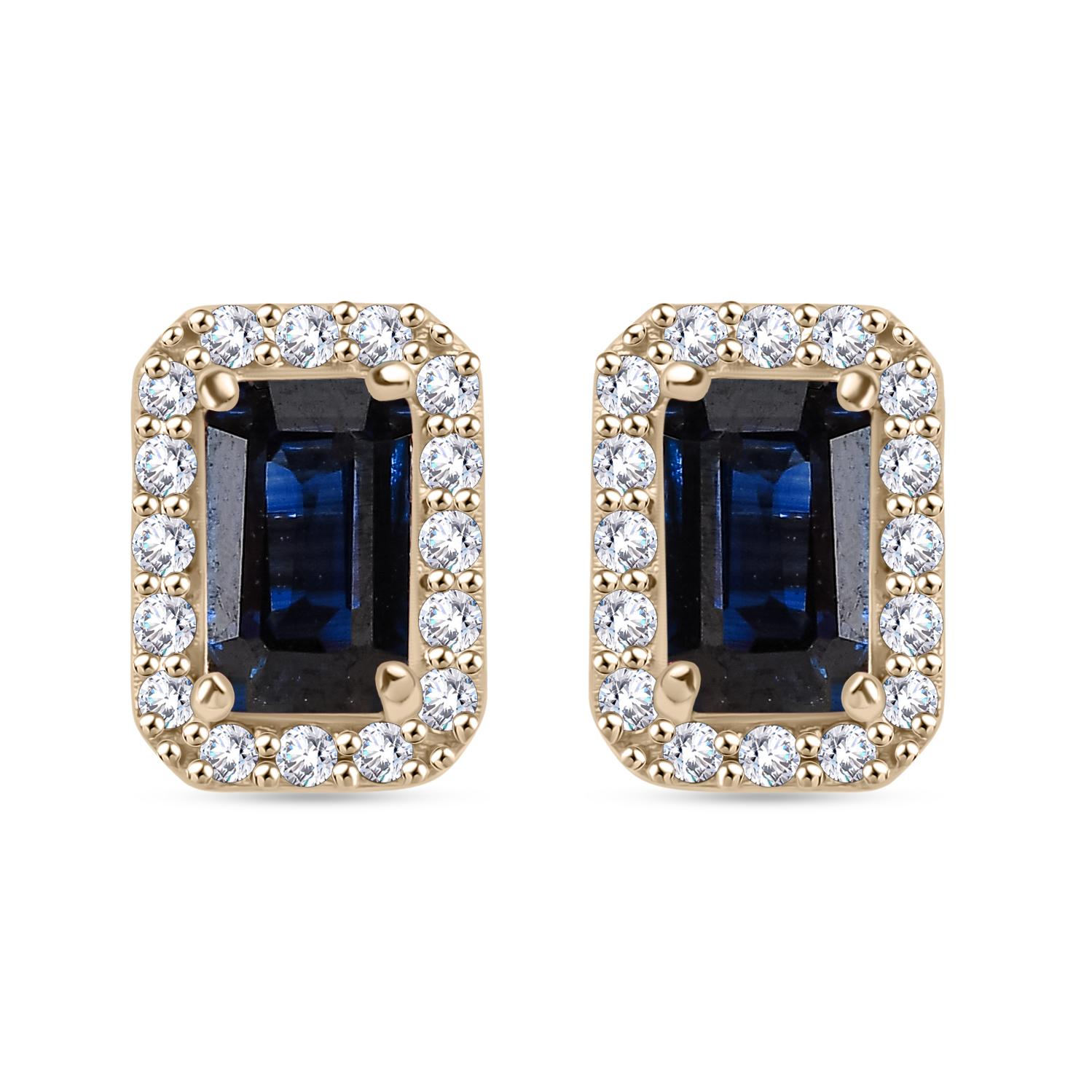 Octagon Cut Blue Sapphire Diamond Halo Stud Earrings in Solid 14k Yellow Gold For Sale 4