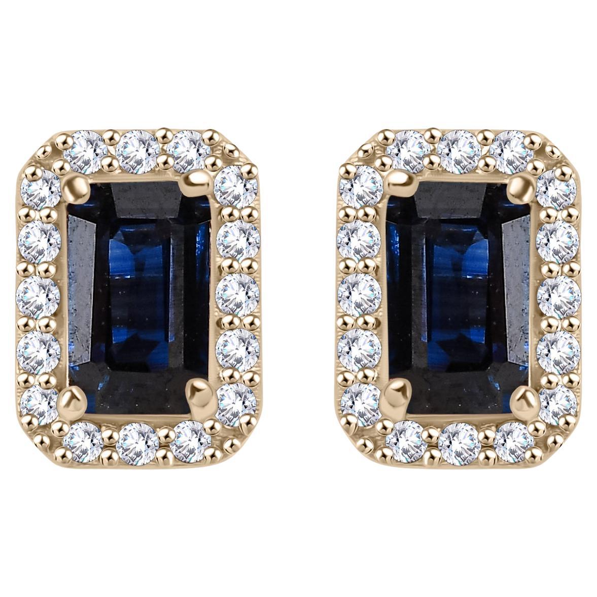 Octagon Cut Blue Sapphire Diamond Halo Stud Earrings in Solid 14k Yellow Gold