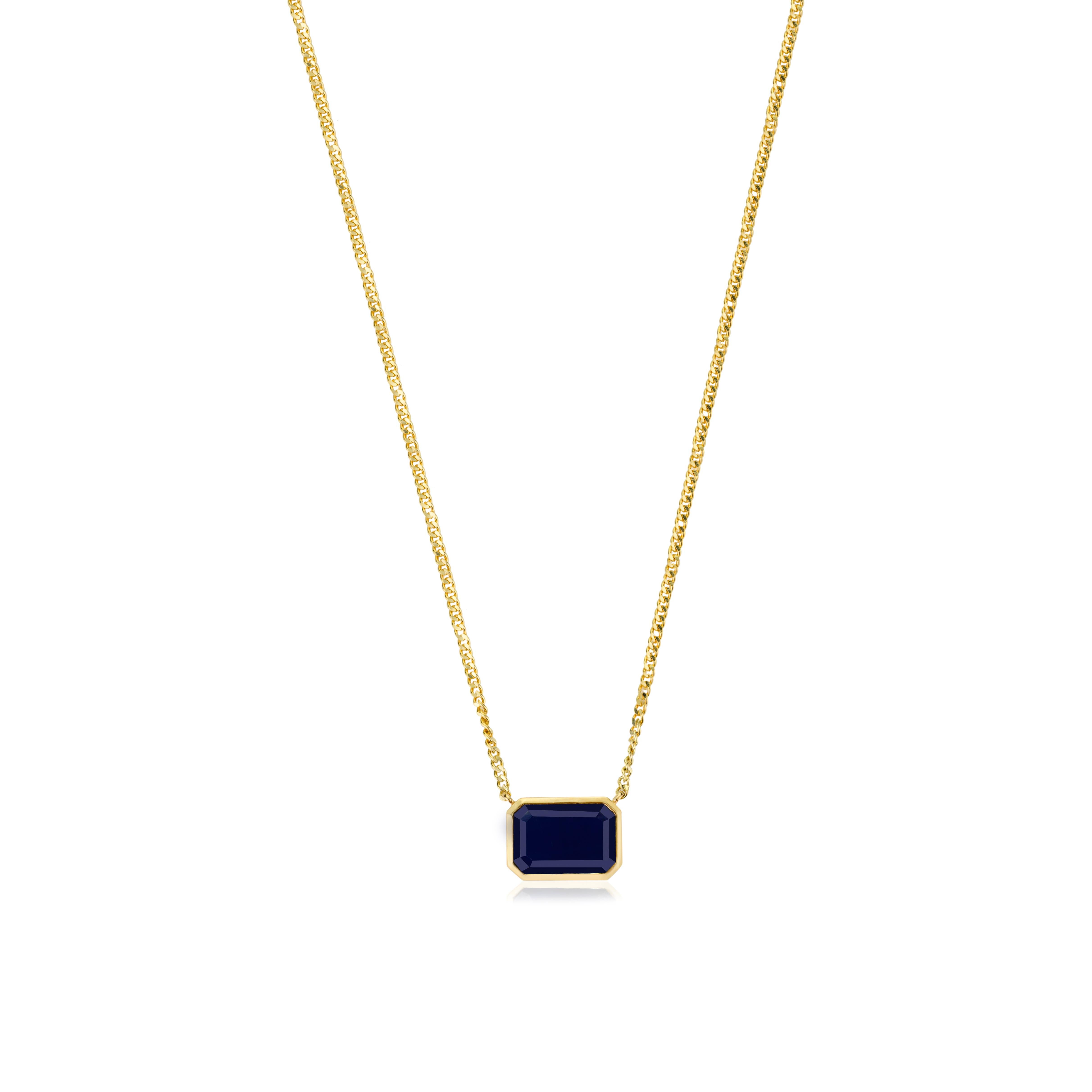 Moderniste Collier à pendentifs en saphir bleu taillé en octogone et en or jaune 14 carats pour femmes en vente