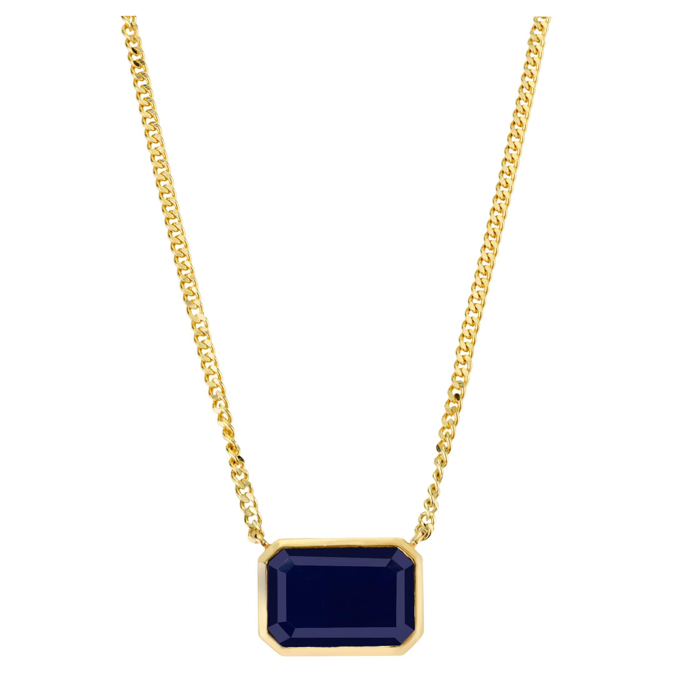 Collier à pendentifs en saphir bleu taillé en octogone et en or jaune 14 carats pour femmes en vente