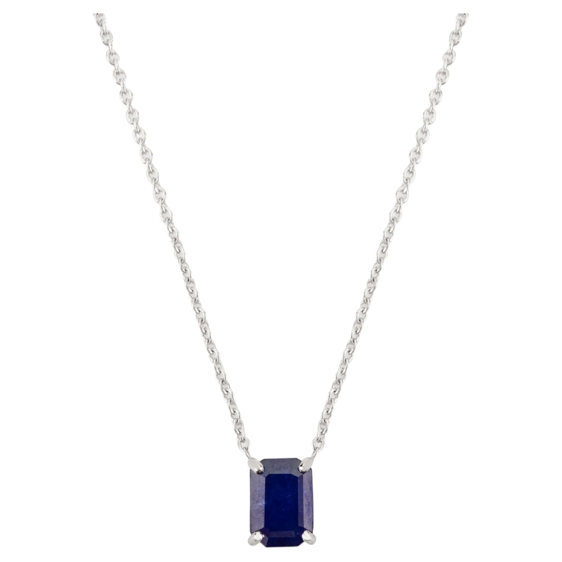 Octagon Cut Blue Sapphire Prong Set Pendant Necklace in 14K Solid White Gold