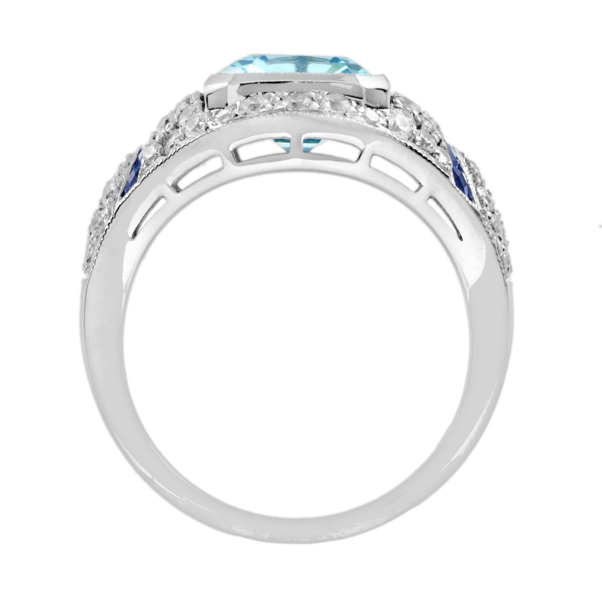 Women's Octagon Cut Blue Topaz & Diamond Sapphire Art Deco Style 14K White Gold Ring For Sale